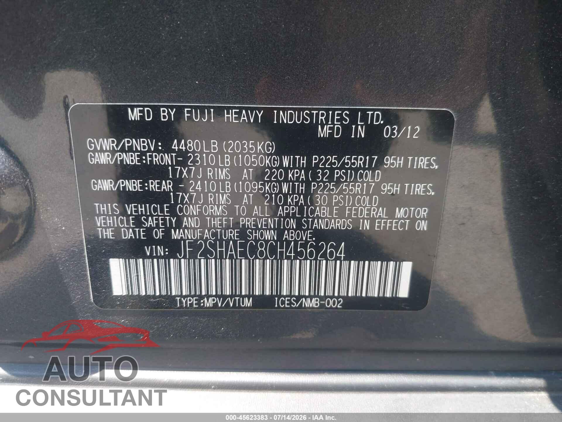 SUBARU FORESTER 2012 - JF2SHAEC8CH456264