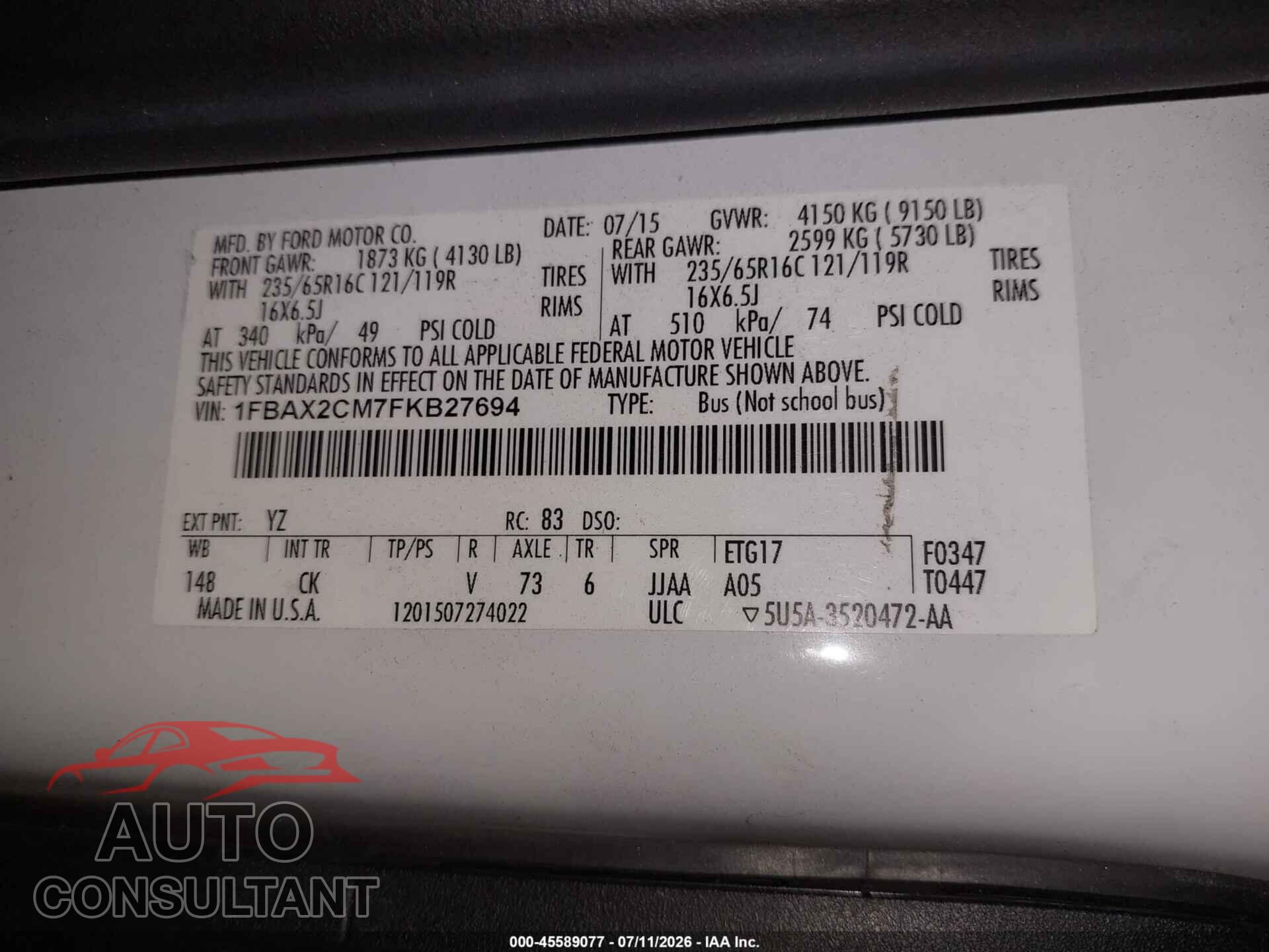 FORD TRANSIT-350 2015 - 1FBAX2CM7FKB27694