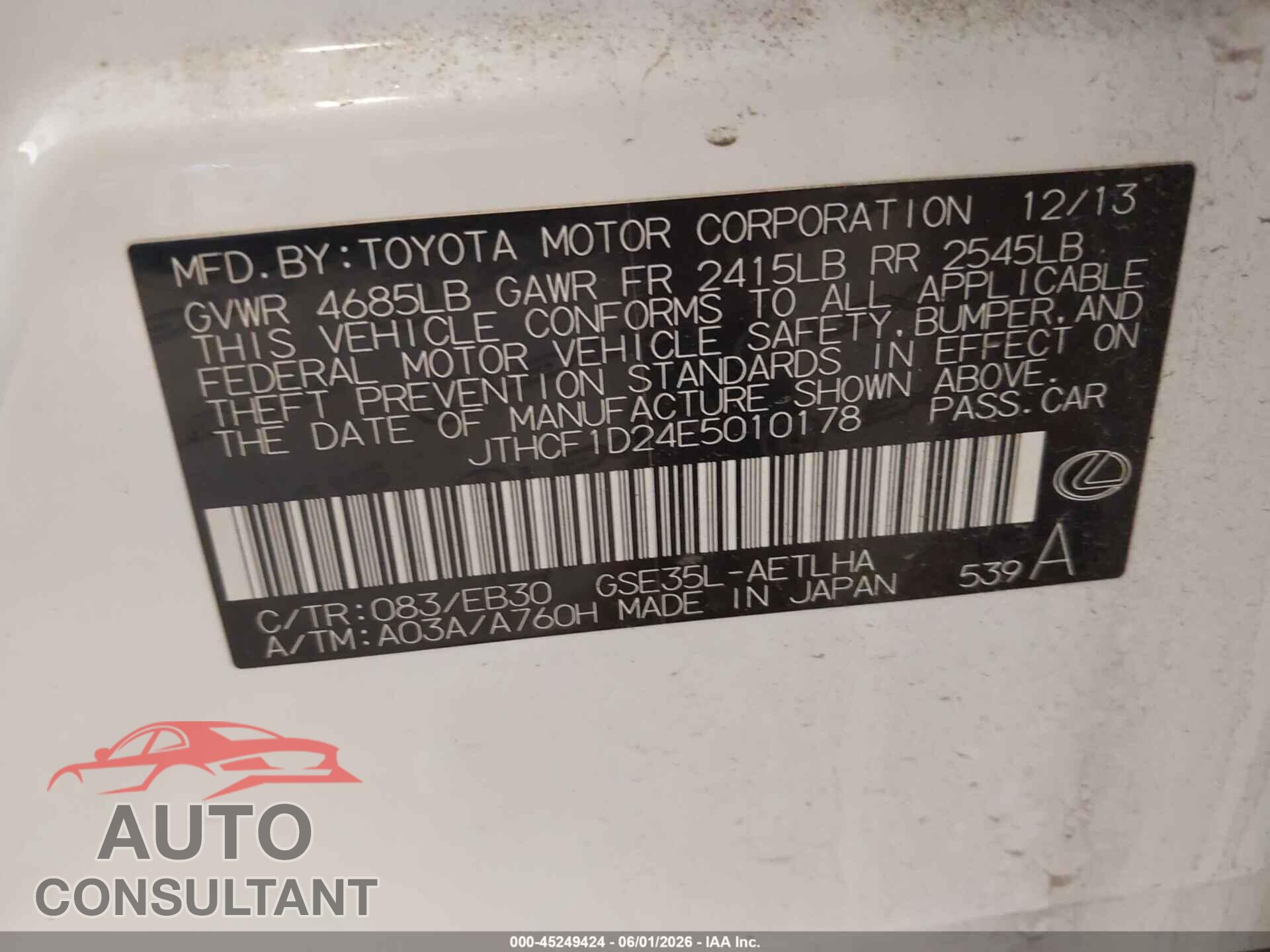 LEXUS IS 250 2014 - JTHCF1D24E5010178
