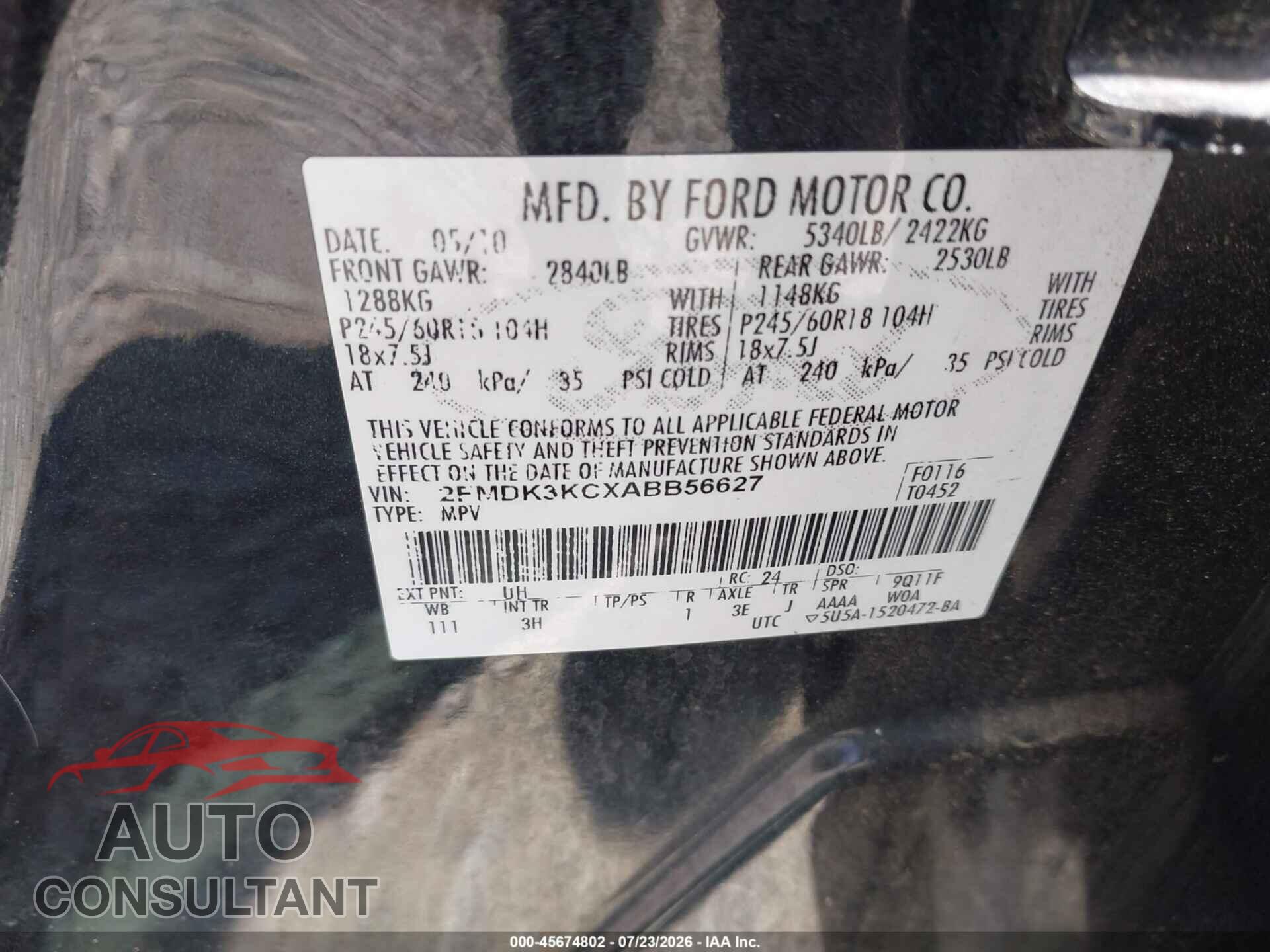 FORD EDGE 2010 - 2FMDK3KCXABB56627