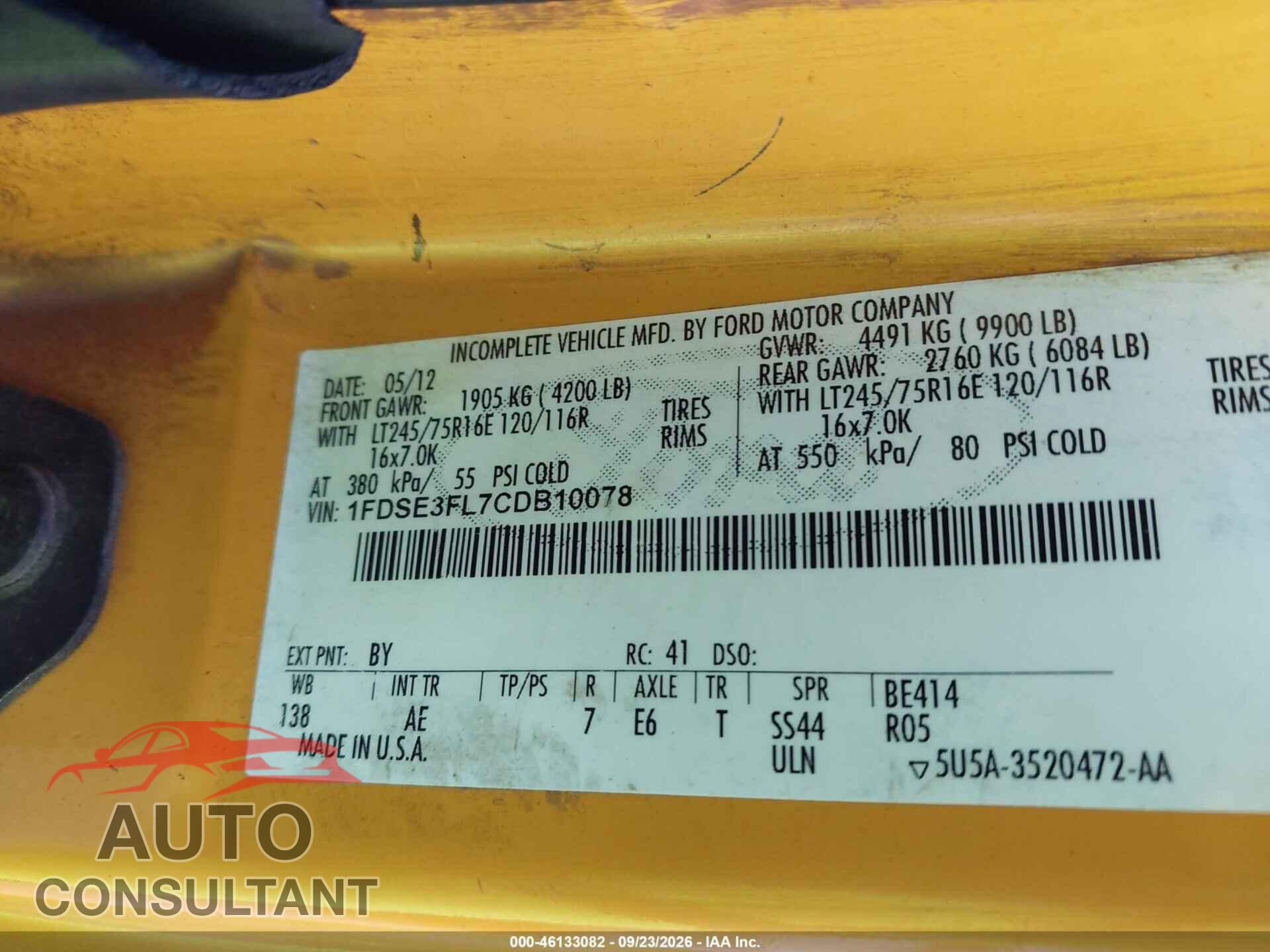 FORD E-350 CUTAWAY 2012 - 1FDSE3FL7CDB10078