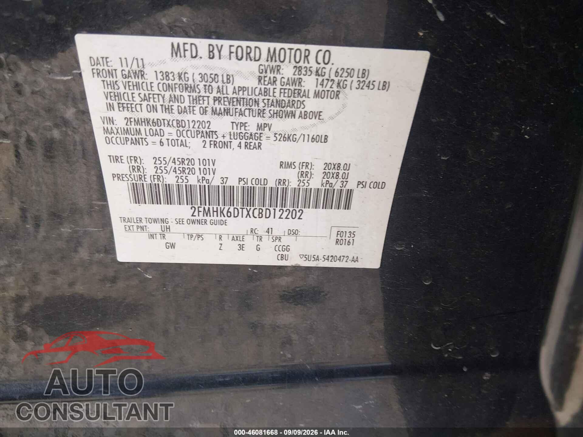 FORD FLEX 2012 - 2FMHK6DTXCBD12202