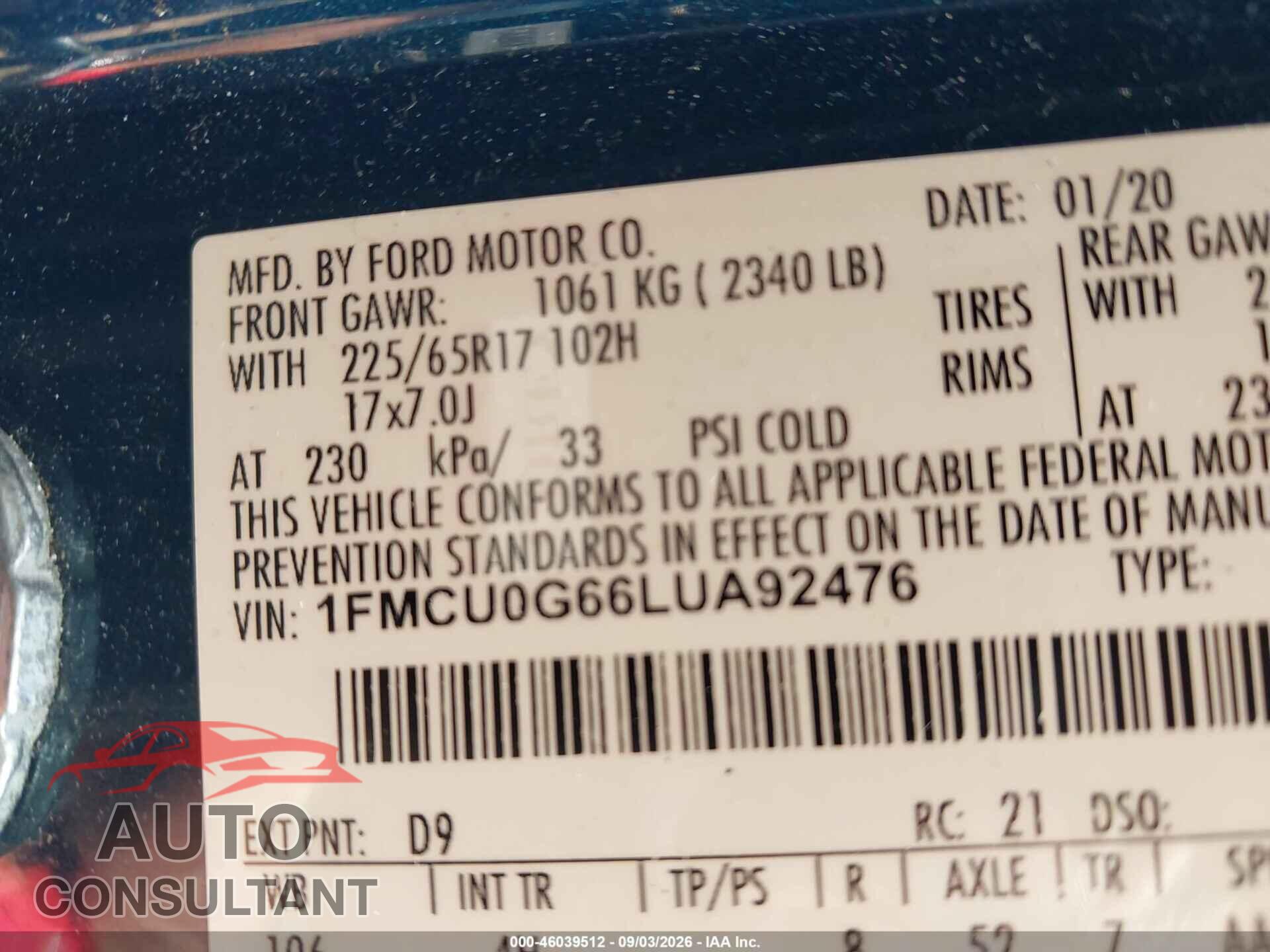 FORD ESCAPE 2020 - 1FMCU0G66LUA92476