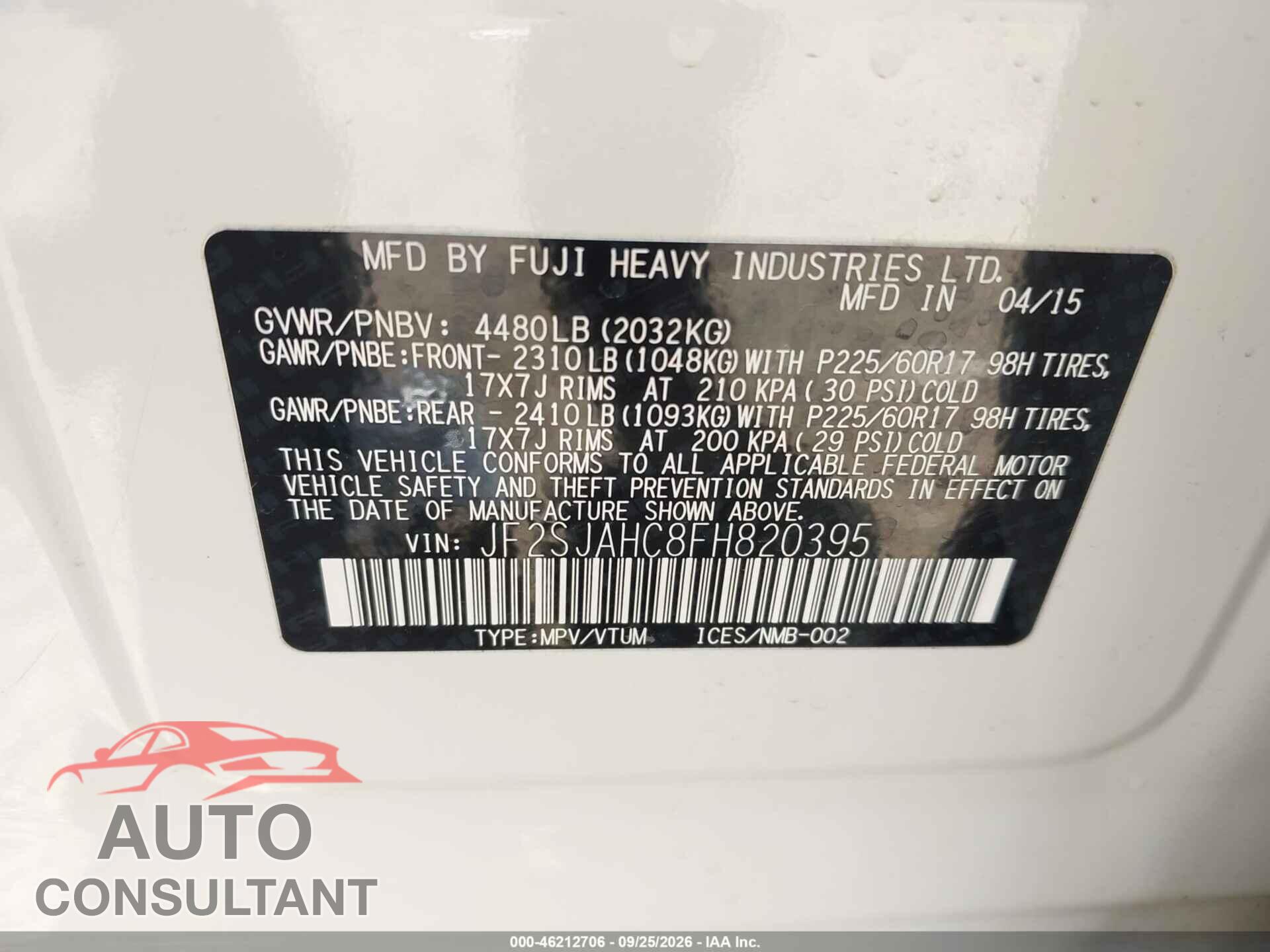 SUBARU FORESTER 2015 - JF2SJAHC8FH820395