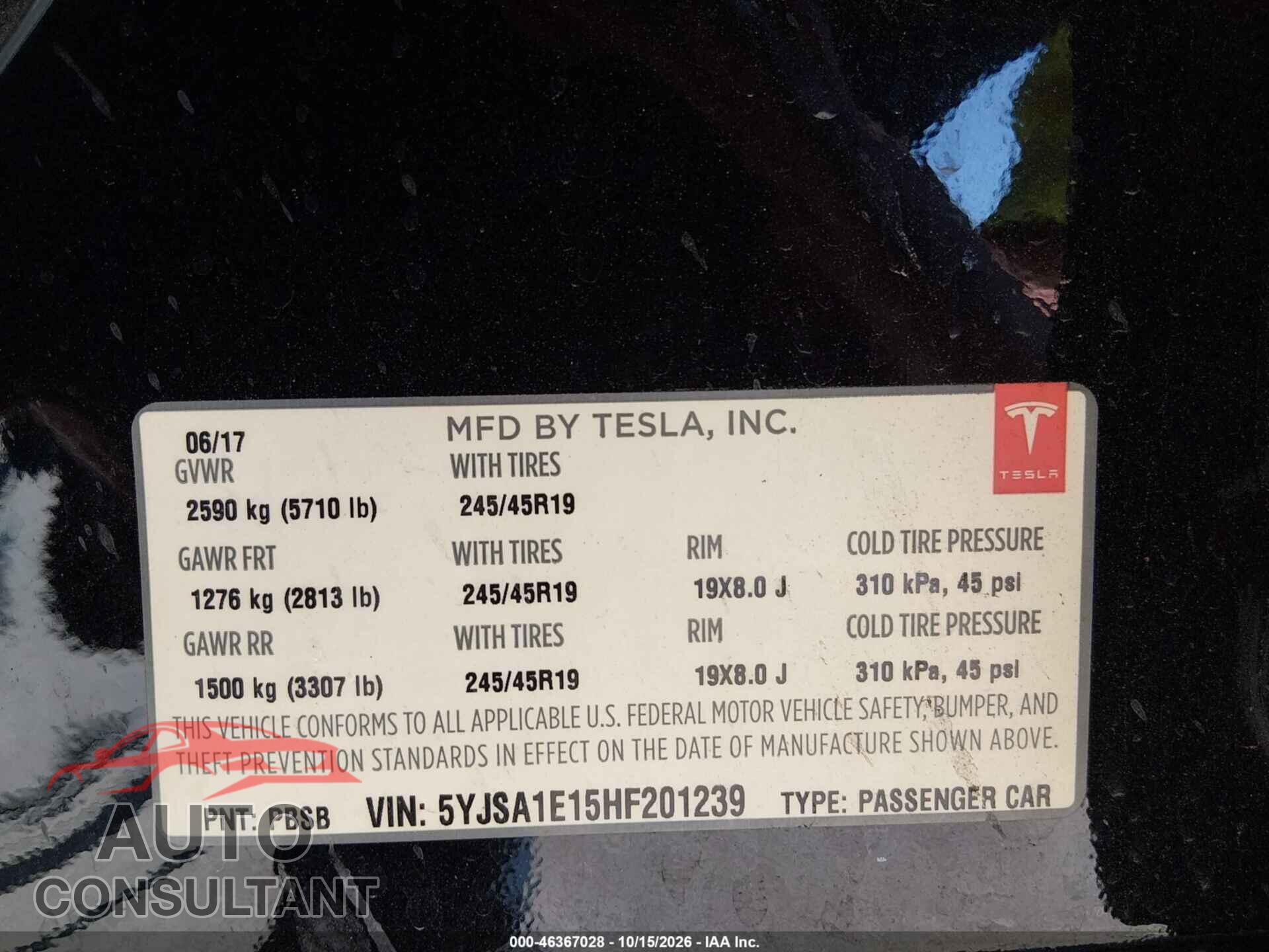 TESLA MODEL S 2017 - 5YJSA1E15HF201239