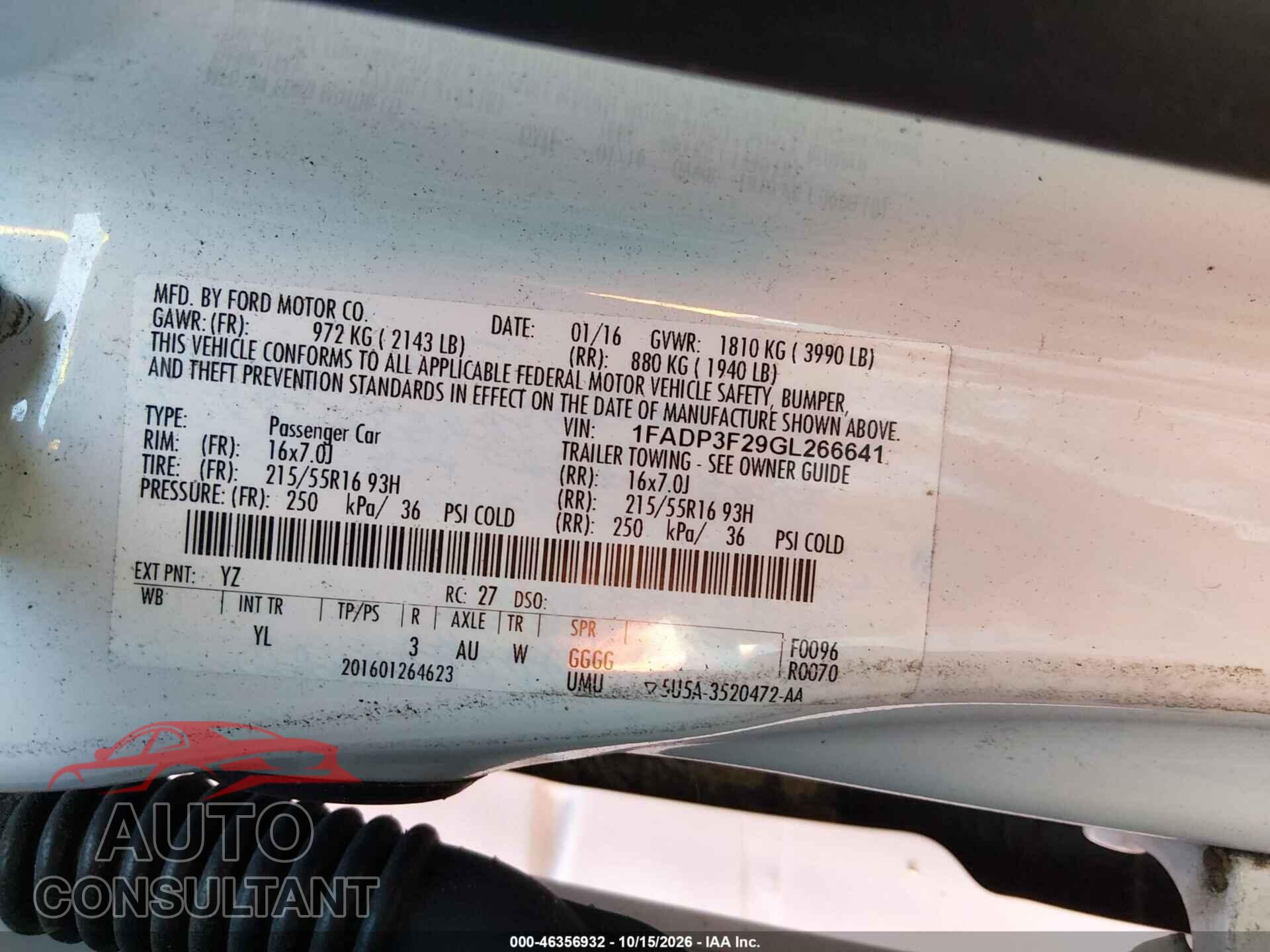 FORD FOCUS 2016 - 1FADP3F29GL266641