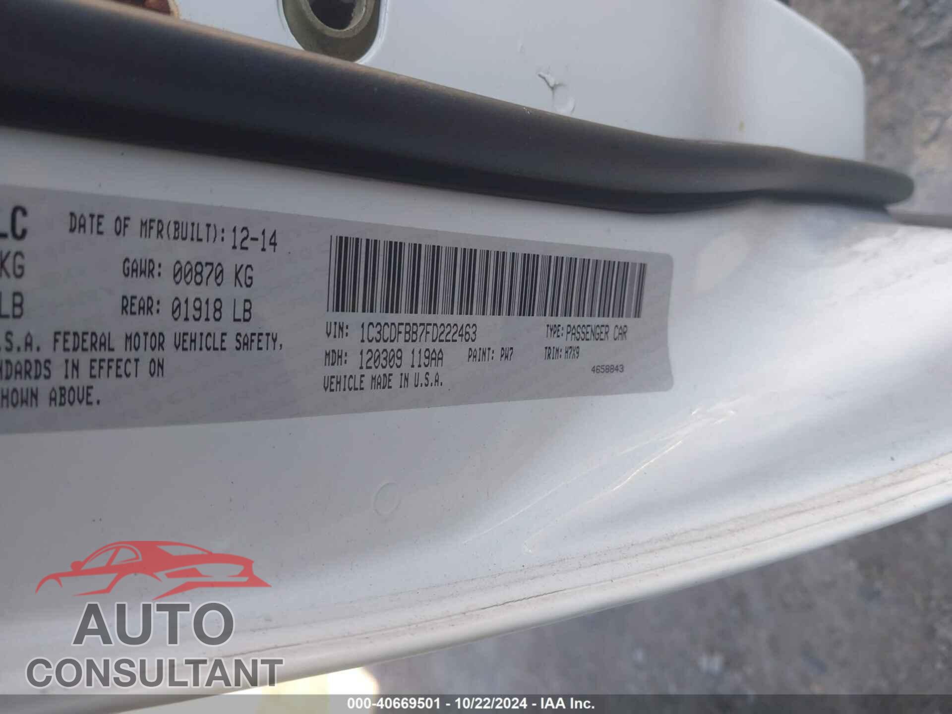 DODGE DART 2015 - 1C3CDFBB7FD222463