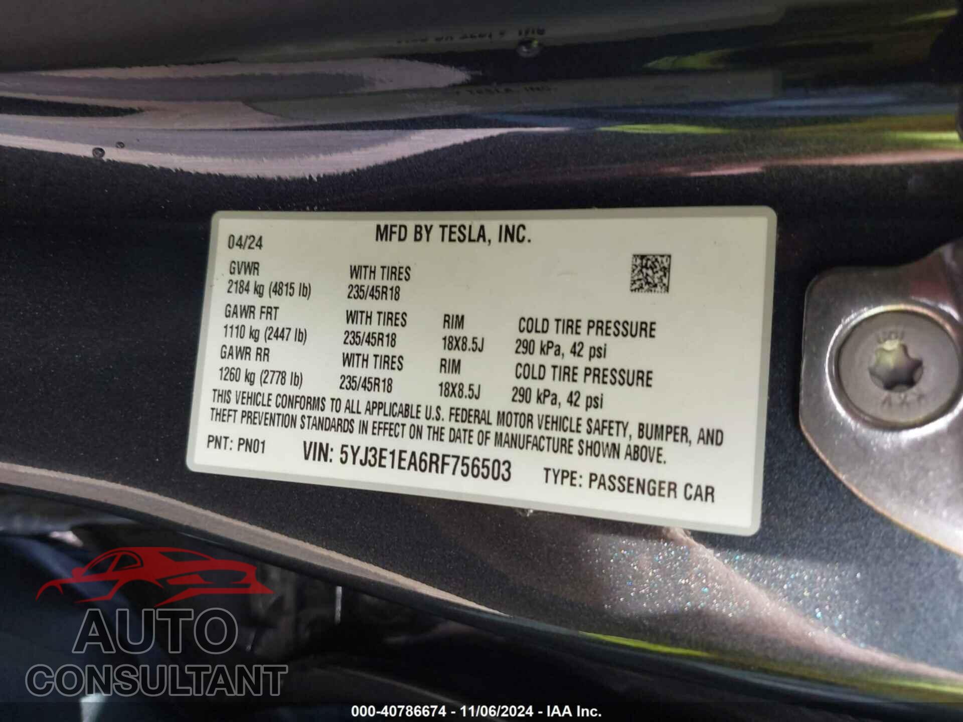 TESLA MODEL 3 2024 - 5YJ3E1EA6RF756503