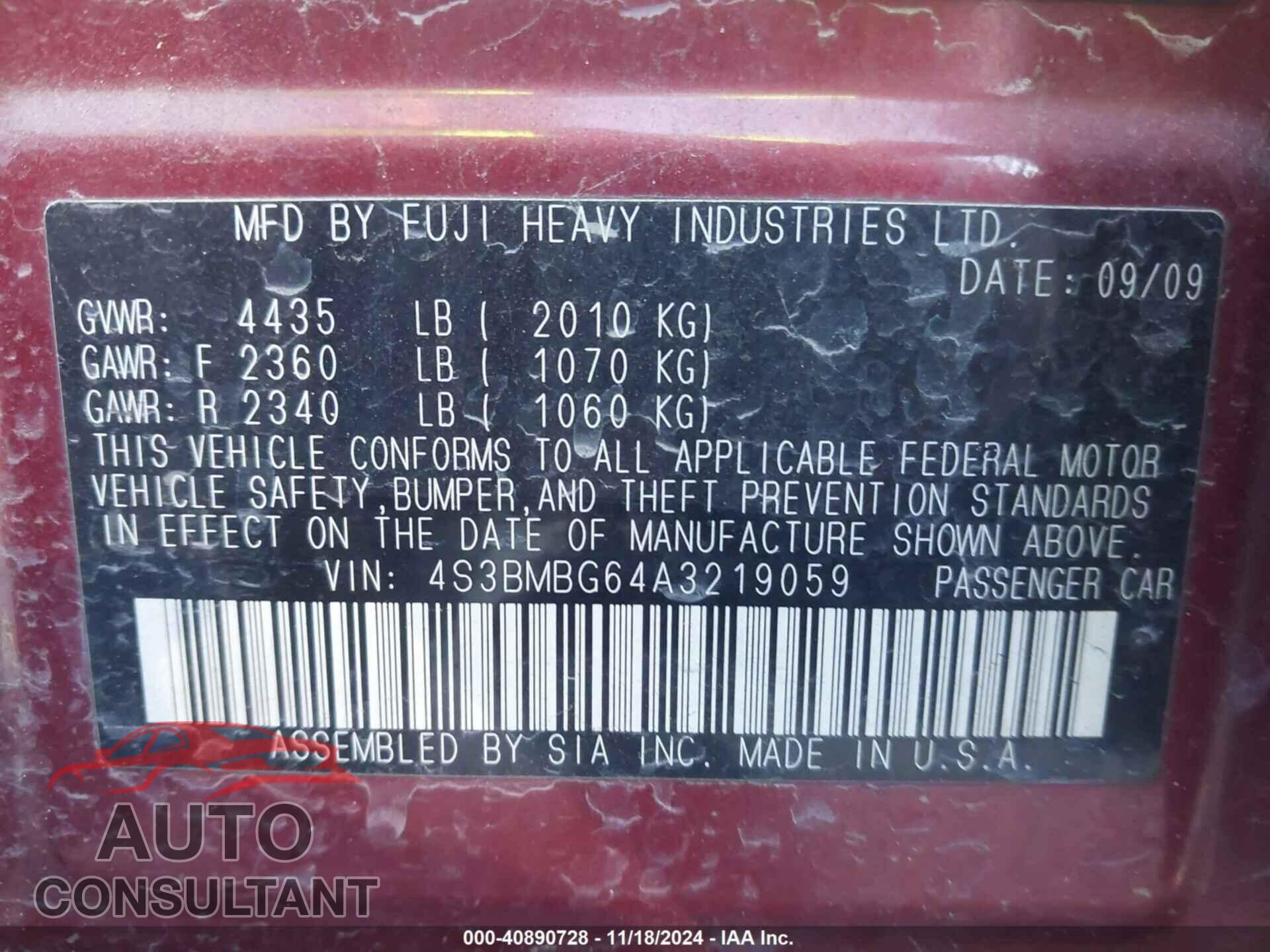 SUBARU LEGACY 2010 - 4S3BMBG64A3219059