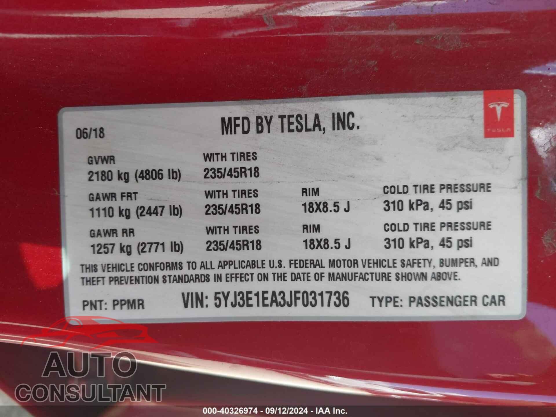 TESLA MODEL 3 2018 - 5YJ3E1EA3JF031736