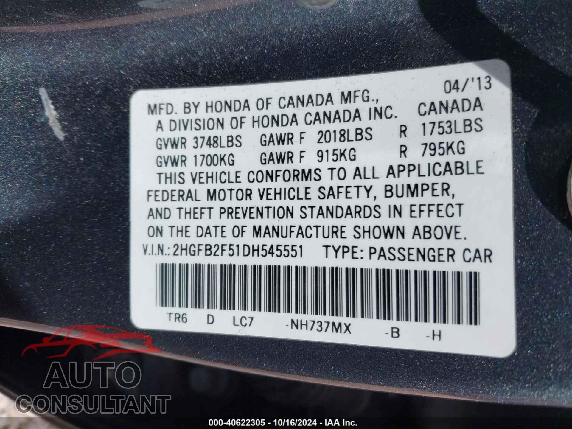 HONDA CIVIC 2013 - 2HGFB2F51DH545551