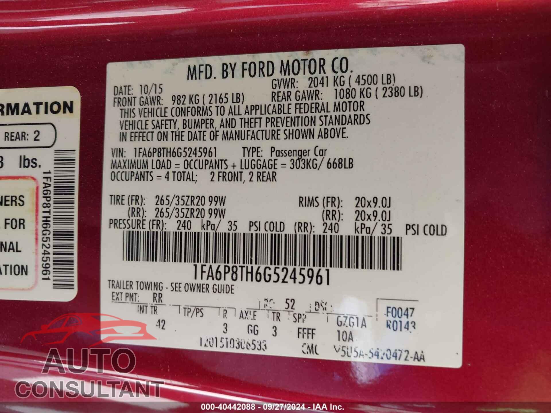 FORD MUSTANG 2016 - 1FA6P8TH6G5245961