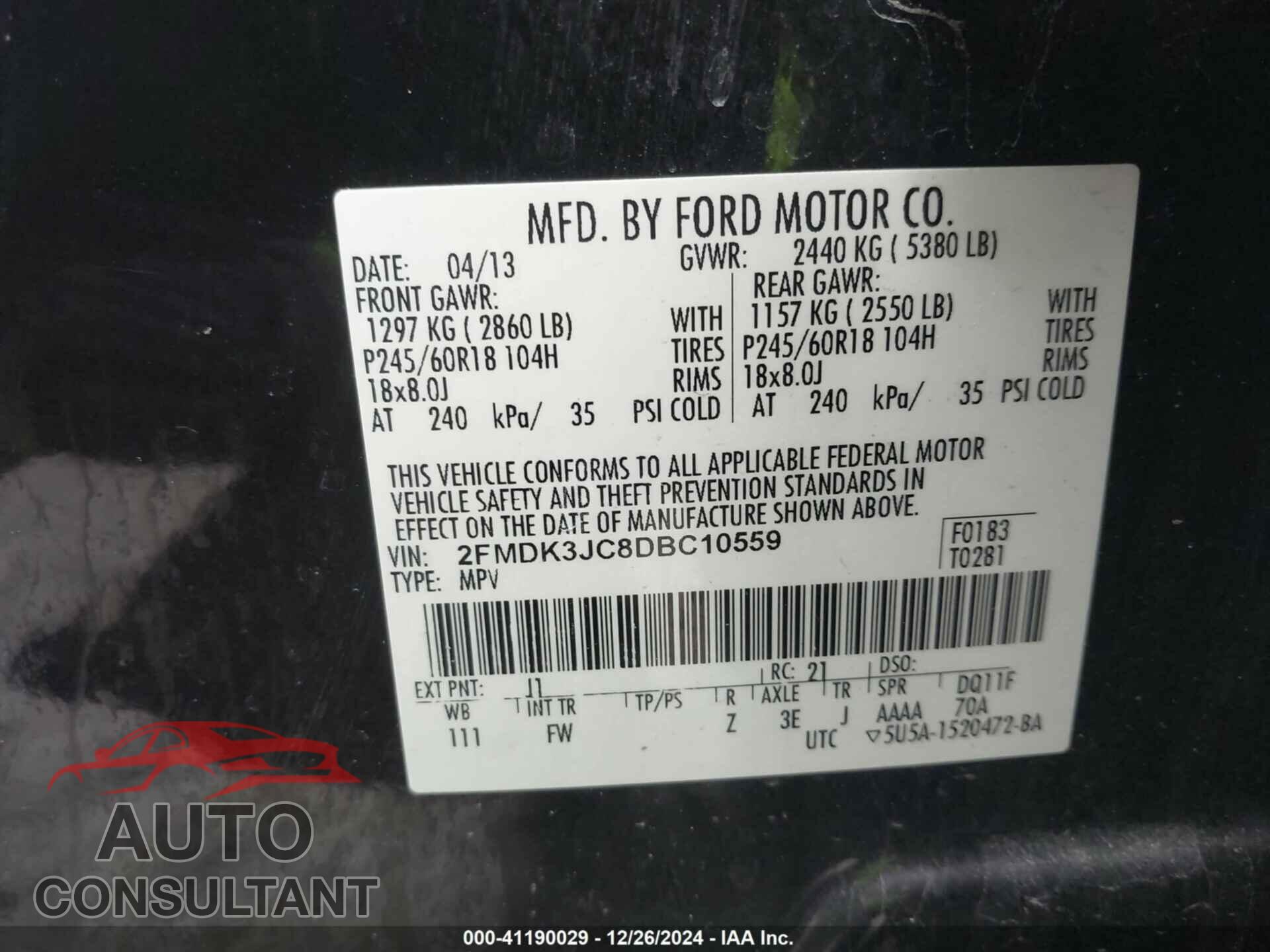 FORD EDGE 2013 - 2FMDK3JC8DBC10559