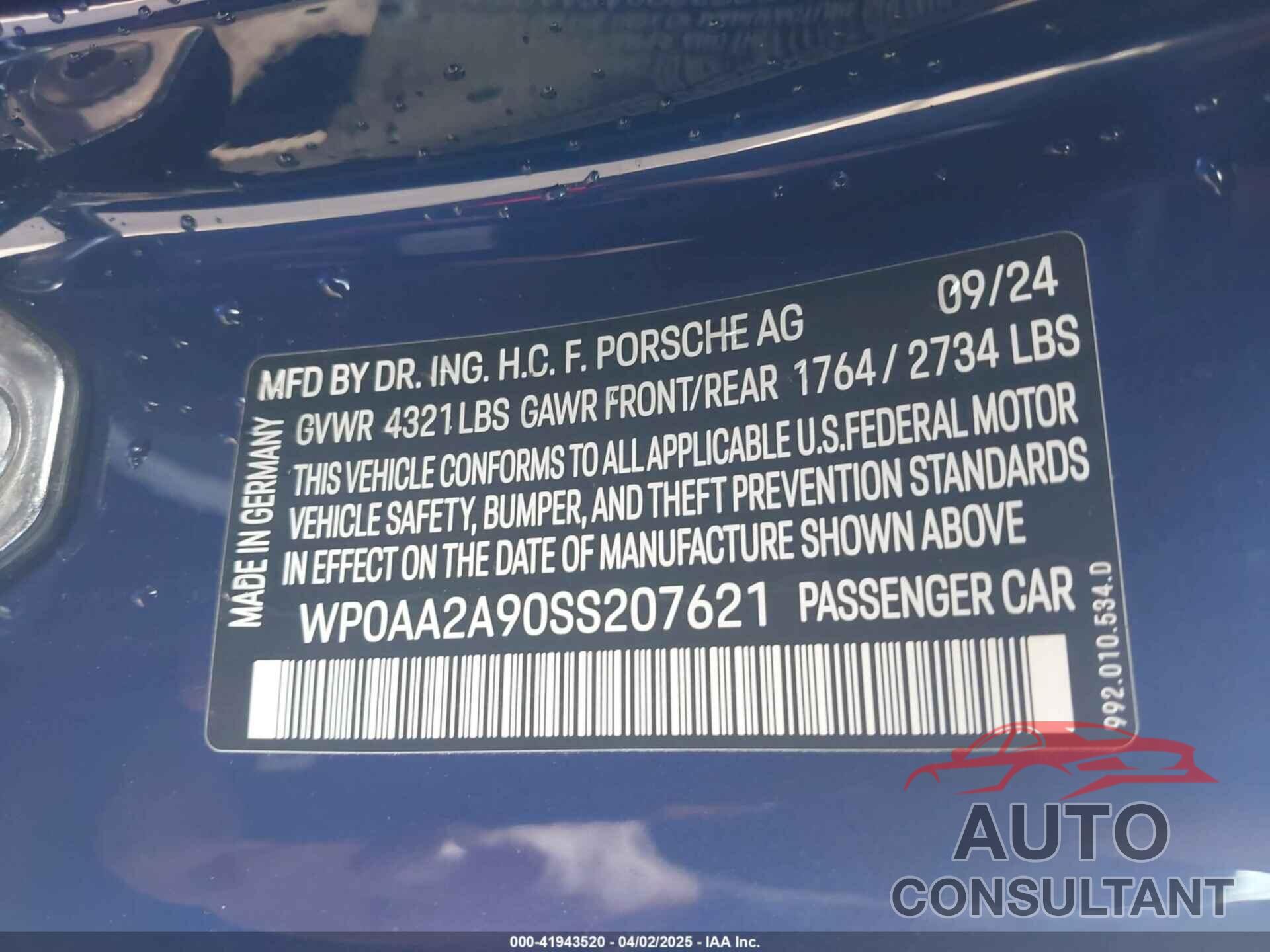 PORSCHE 911 2025 - WP0AA2A90SS207621