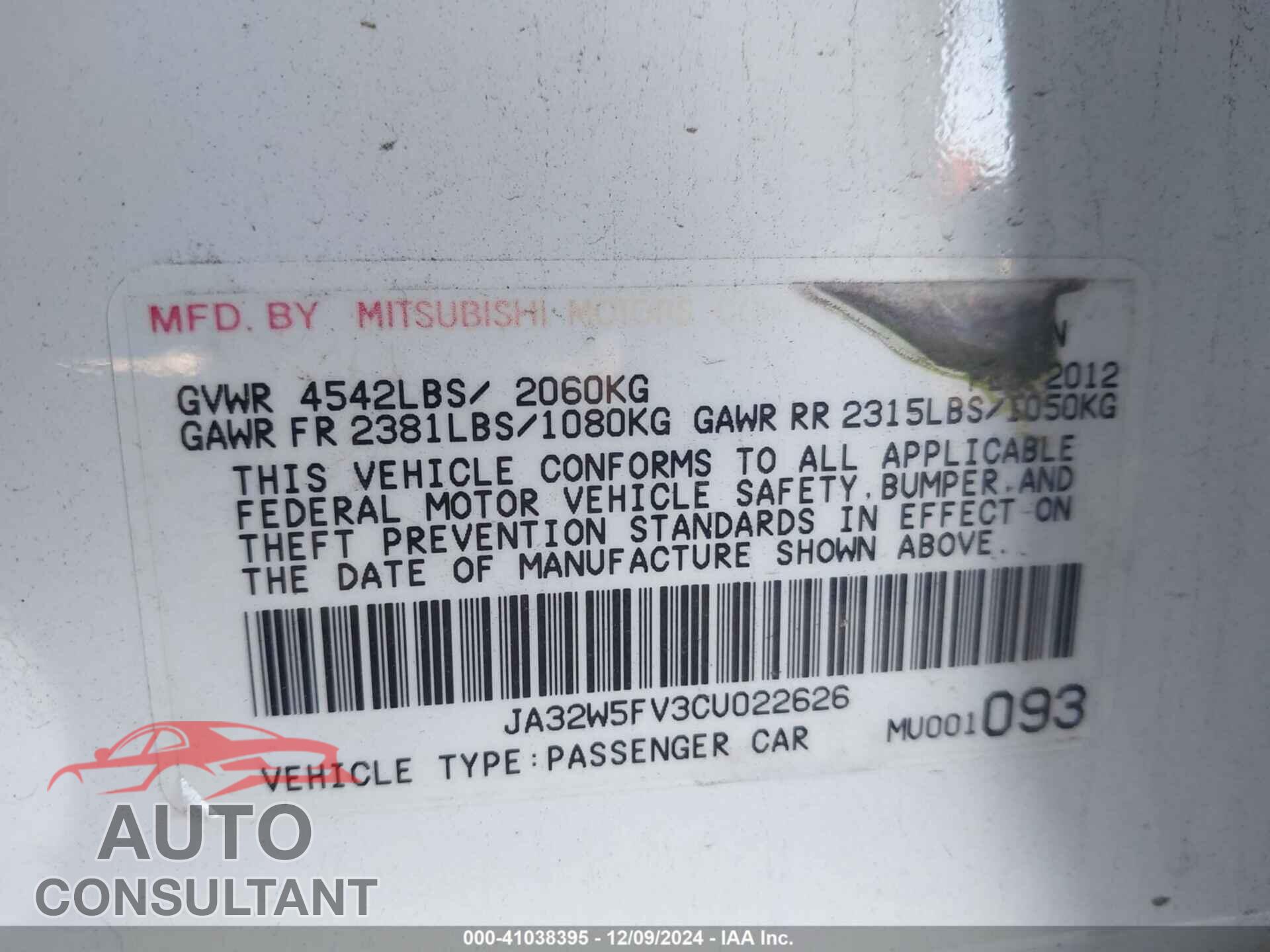 MITSUBISHI LANCER EVOLUTION 2012 - JA32W5FV3CU022626