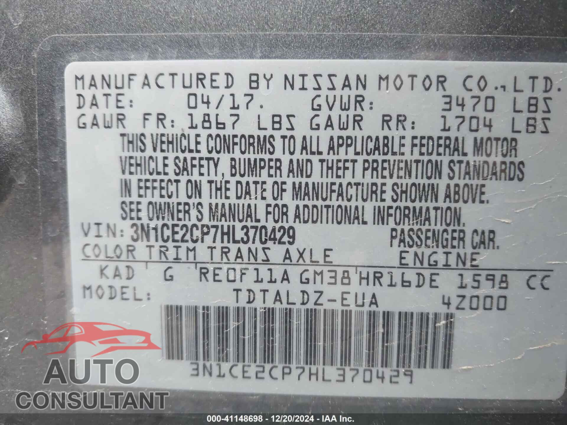 NISSAN VERSA NOTE 2017 - 3N1CE2CP7HL370429