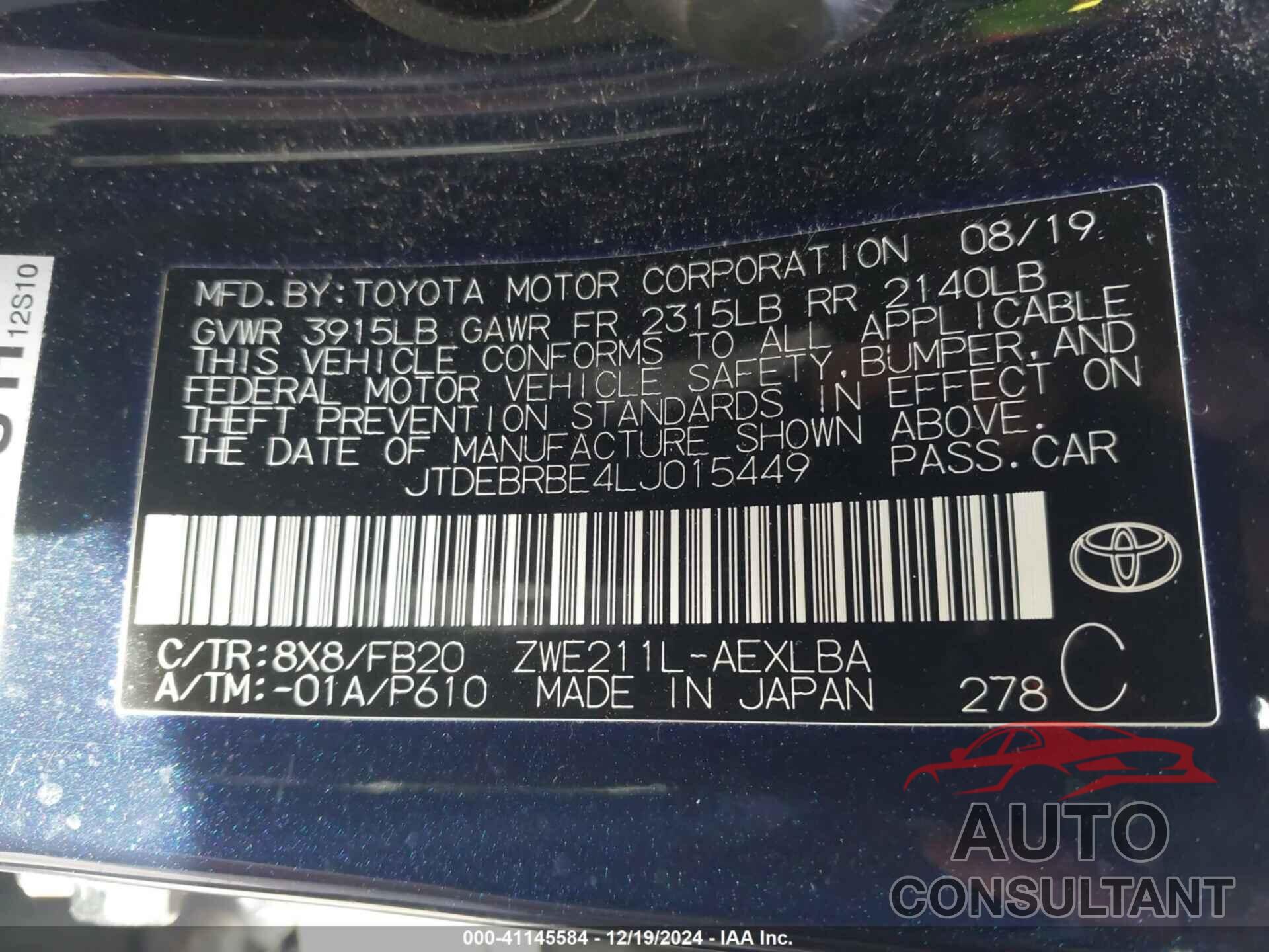 TOYOTA COROLLA 2020 - JTDEBRBE4LJ015449