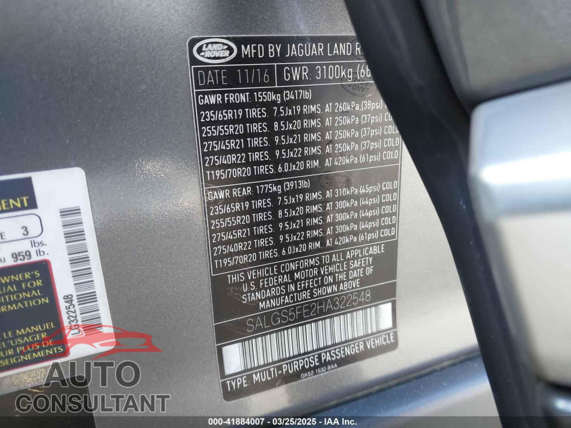 LAND ROVER RANGE ROVER 2017 - SALGS5FE2HA322548