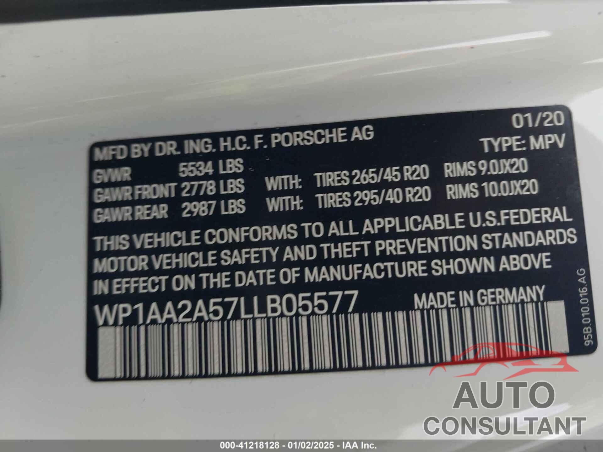 PORSCHE MACAN 2020 - WP1AA2A57LLB05577