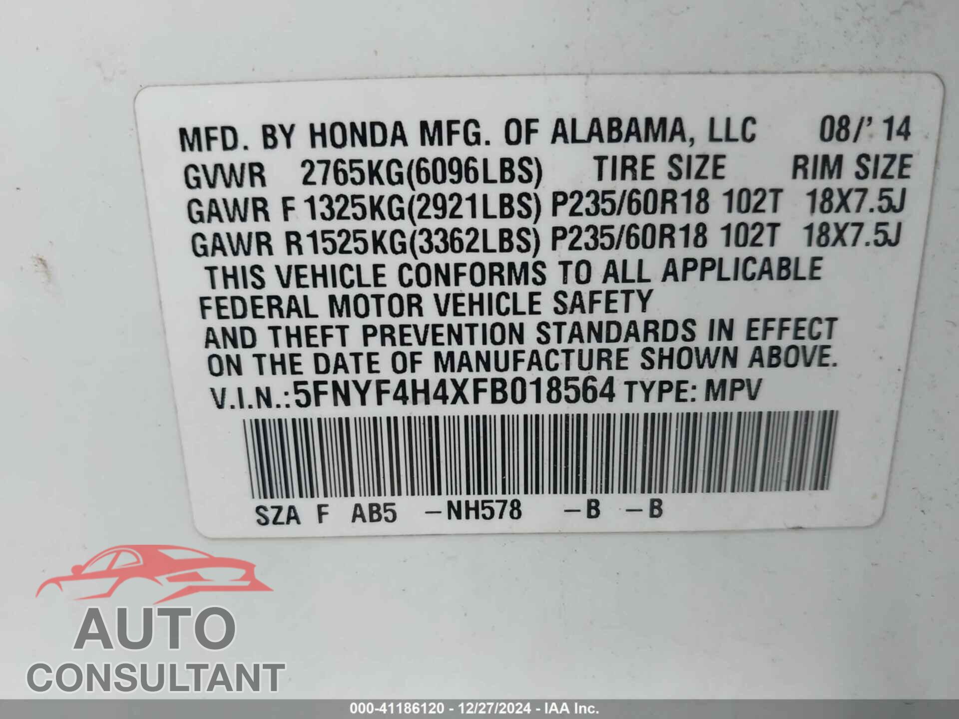 HONDA PILOT 2015 - 5FNYF4H4XFB018564