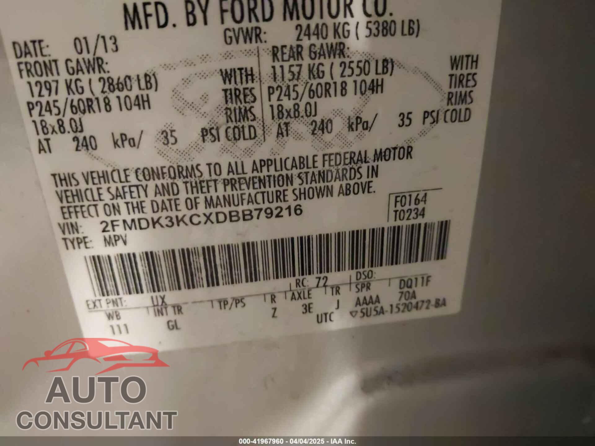 FORD EDGE 2013 - 2FMDK3KCXDBB79216