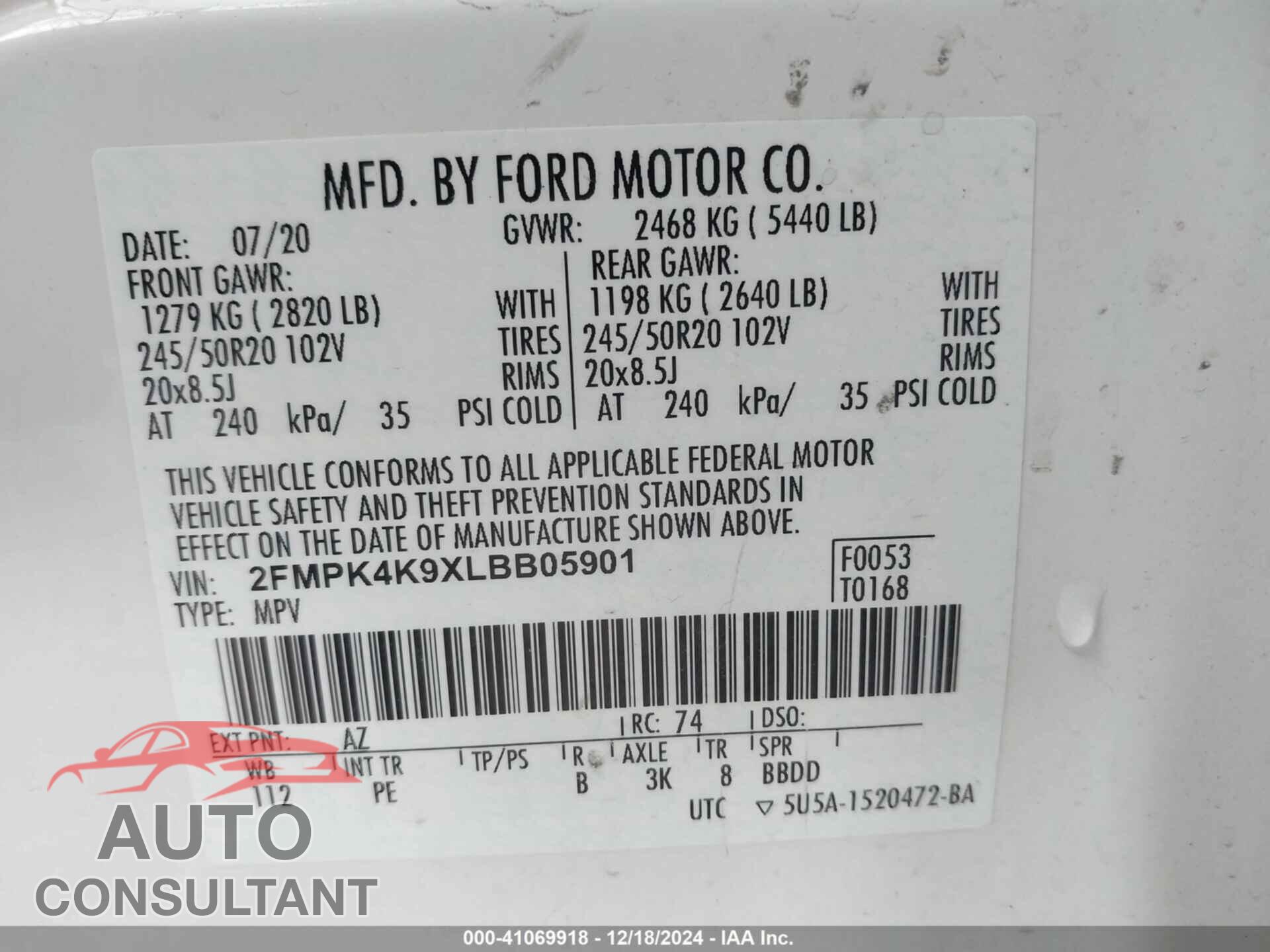FORD EDGE 2020 - 2FMPK4K9XLBB05901