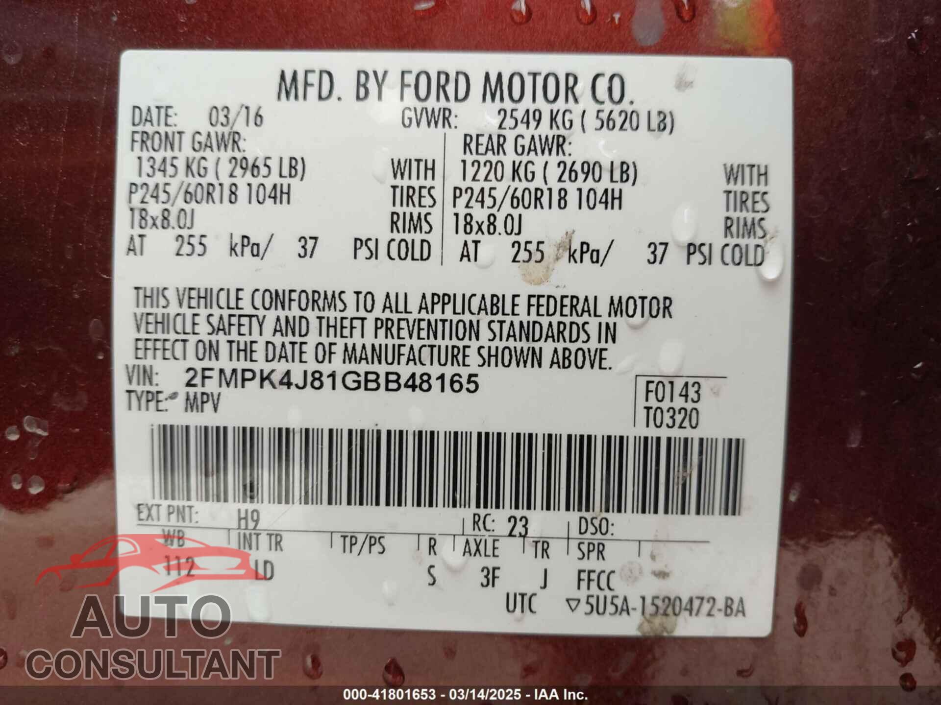 FORD EDGE 2016 - 2FMPK4J81GBB48165