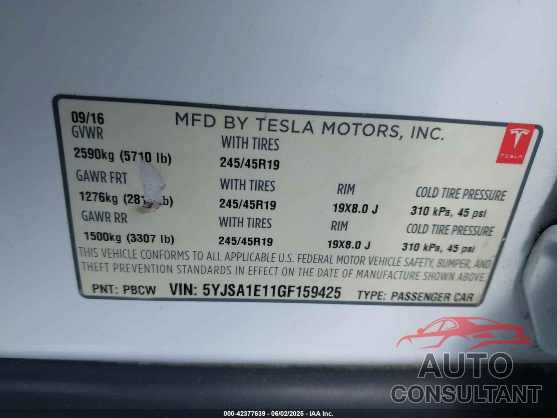 TESLA MODEL S 2016 - 5YJSA1E11GF159425