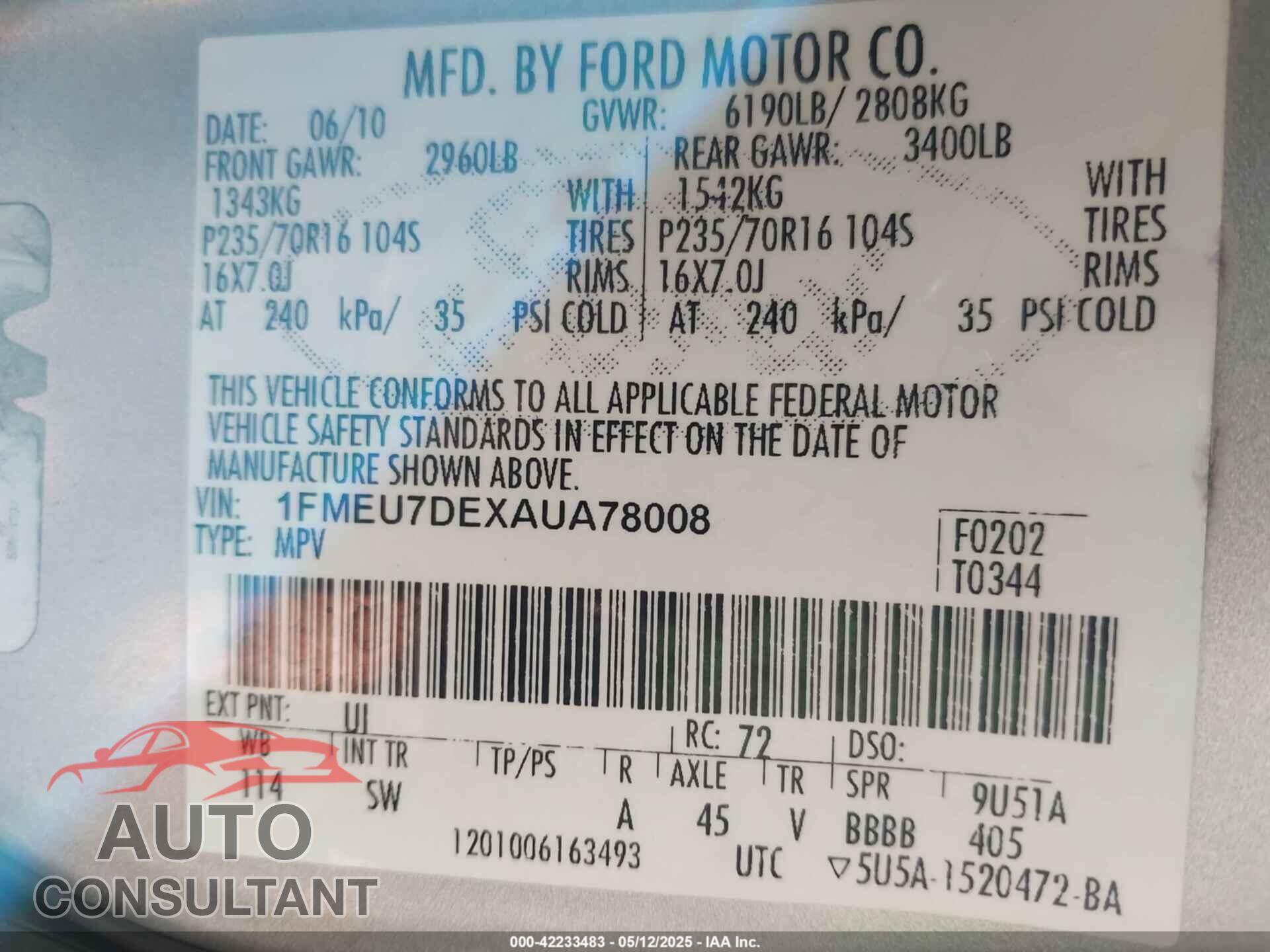 FORD EXPLORER 2010 - 1FMEU7DEXAUA78008