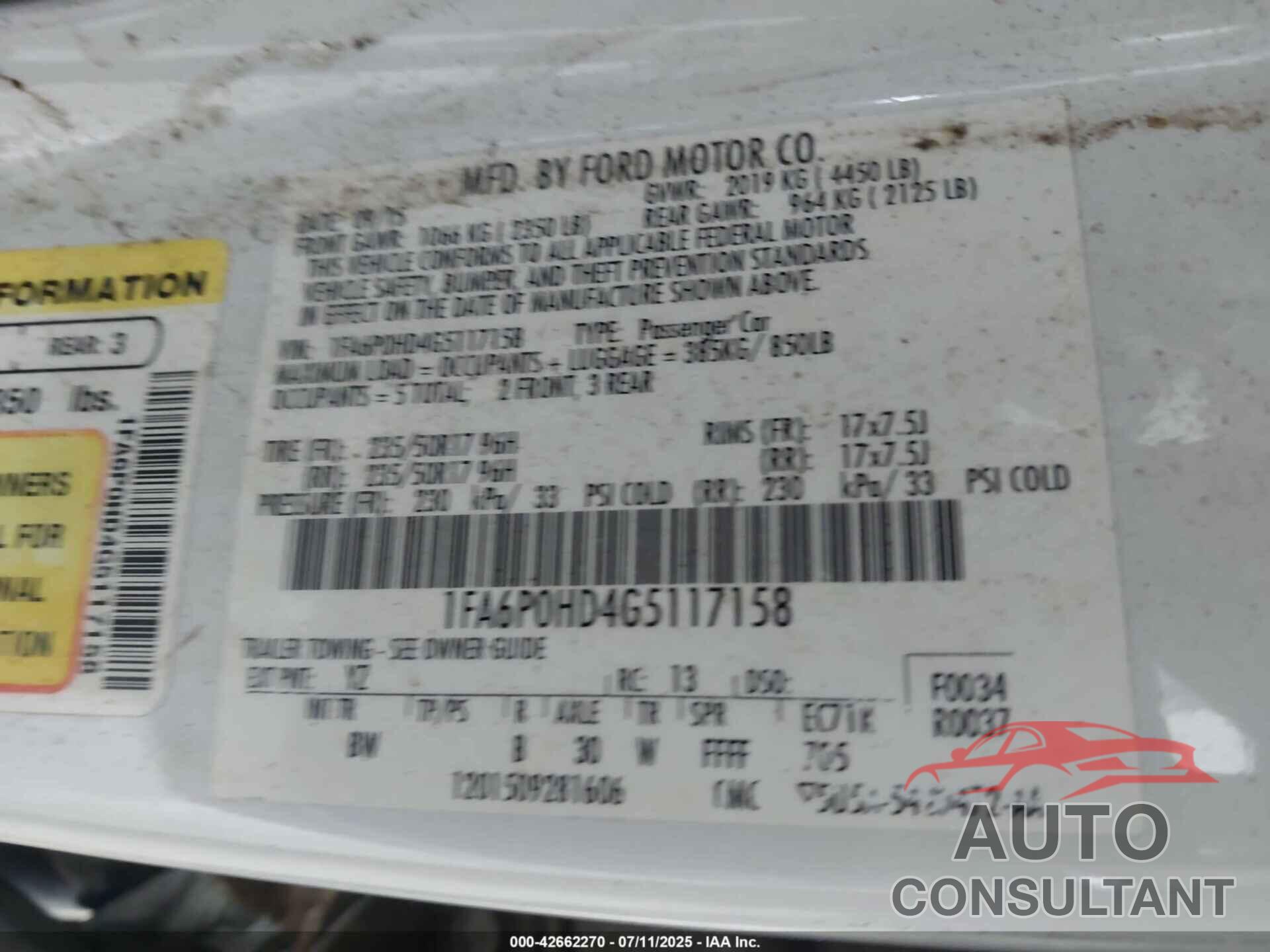 FORD FUSION 2016 - 1FA6P0HD4G5117158