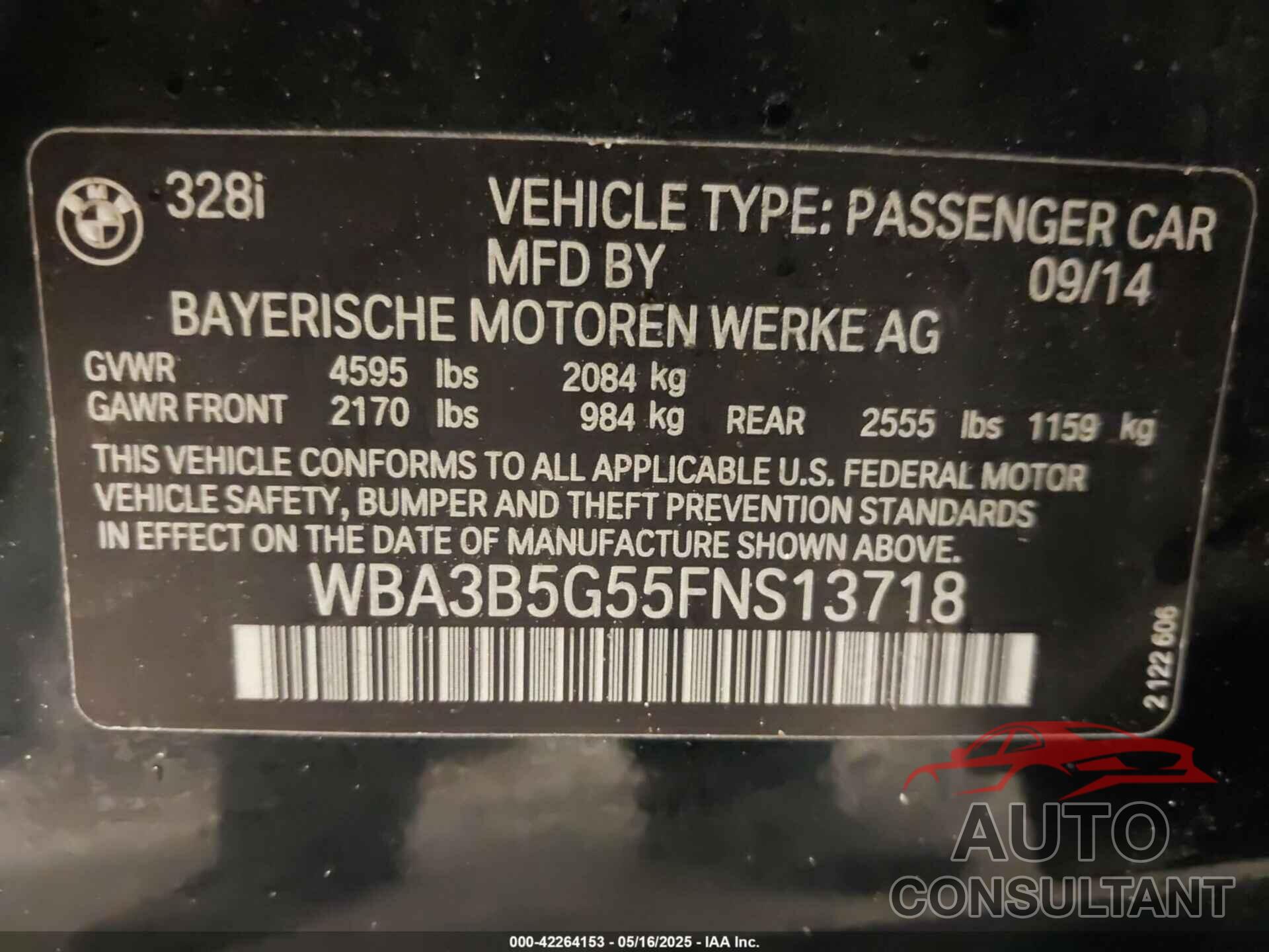 BMW 328I 2015 - WBA3B5G55FNS13718