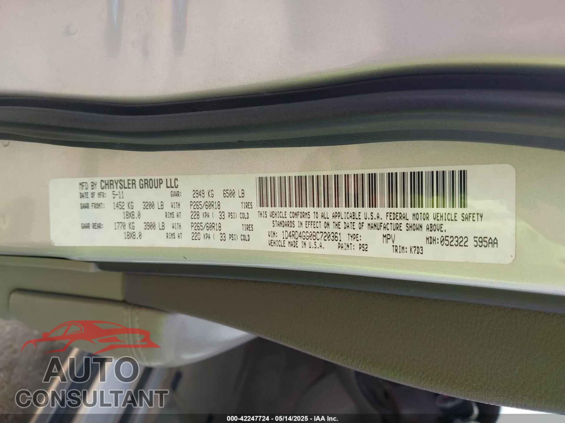 DODGE DURANGO 2011 - 1D4RD4GG0BC720361