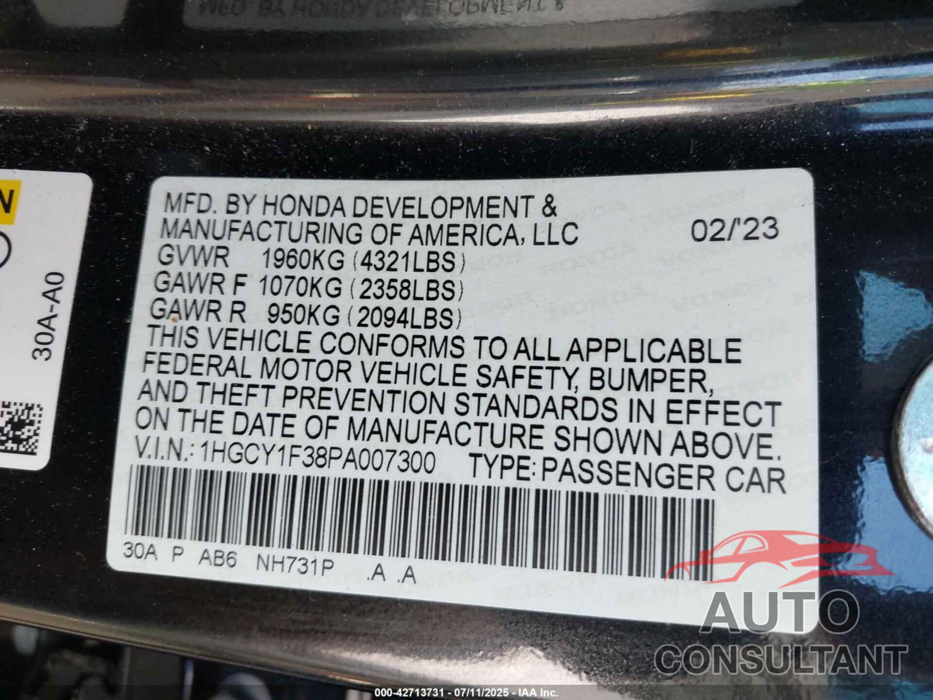 HONDA ACCORD 2023 - 1HGCY1F38PA007300