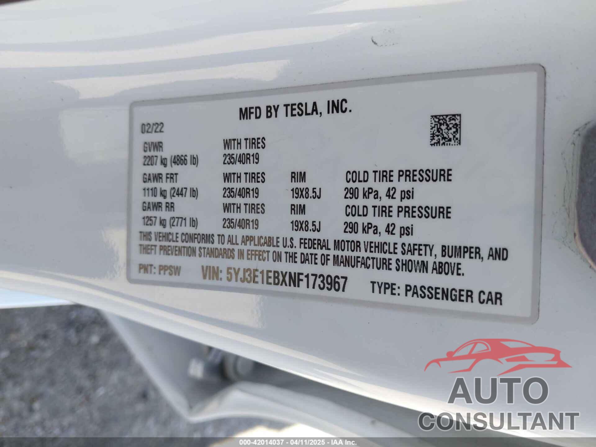 TESLA MODEL 3 2022 - 5YJ3E1EBXNF173967