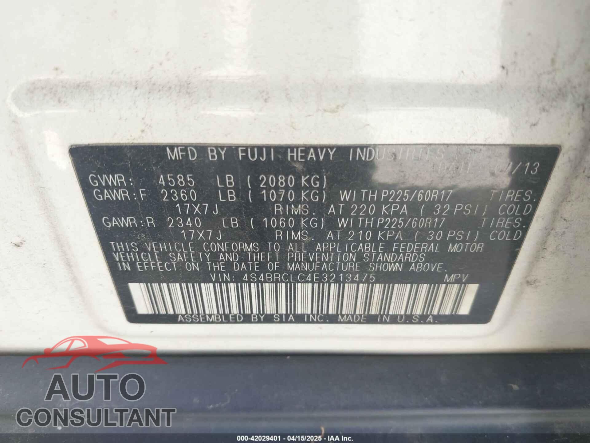 SUBARU OUTBACK 2014 - 4S4BRCLC4E3213475