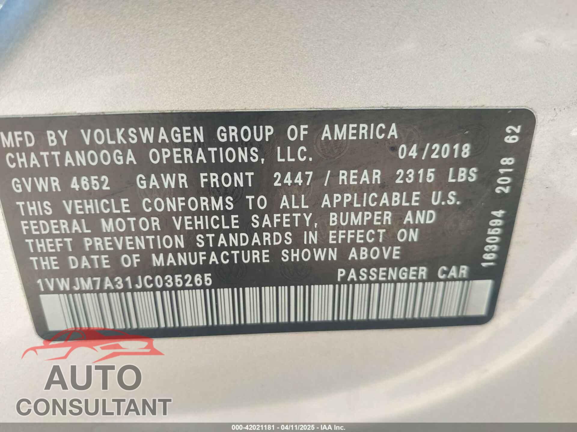 VOLKSWAGEN PASSAT 2018 - 1VWJM7A31JC035265