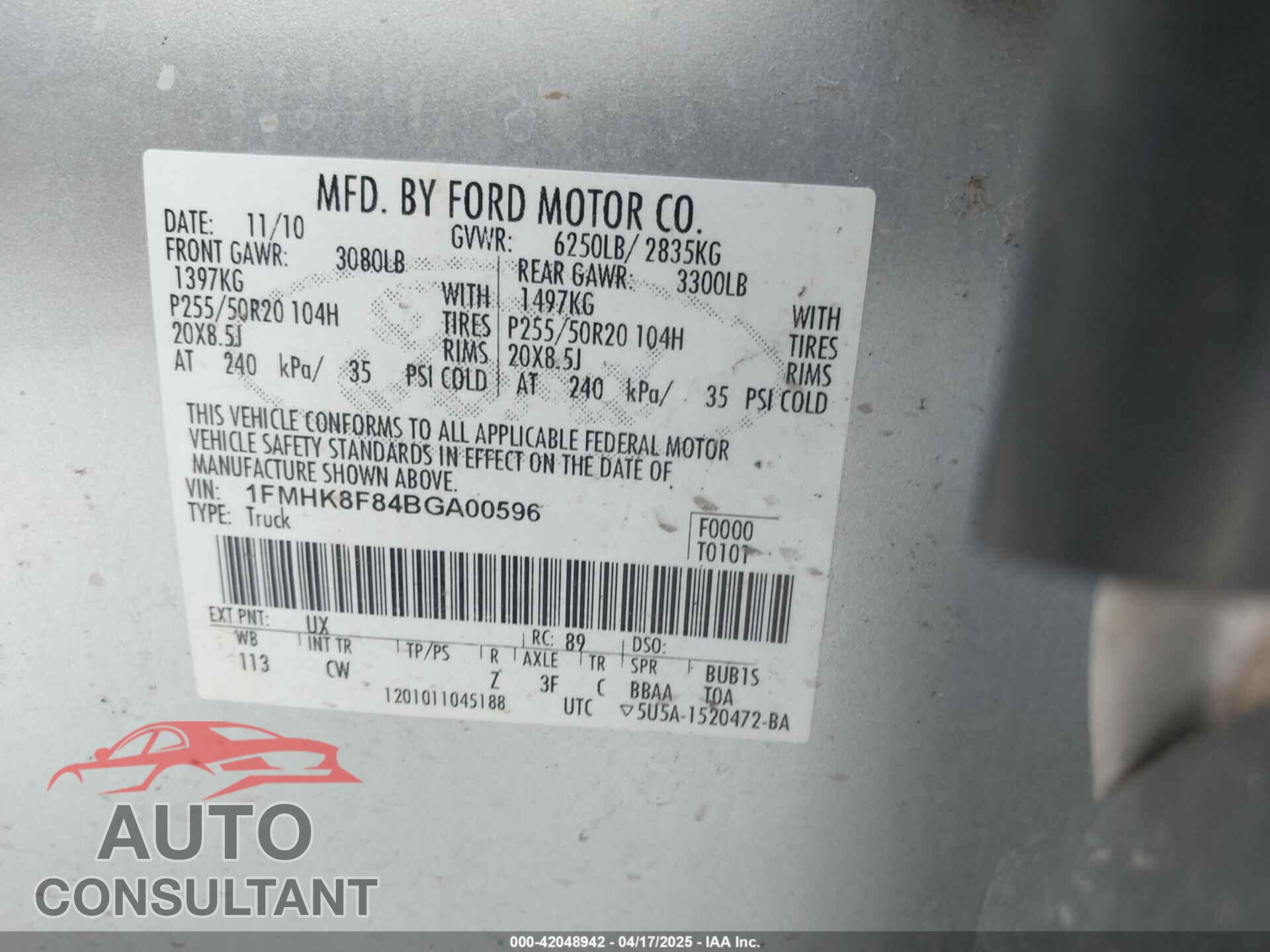 FORD EXPLORER 2011 - 1FMHK8F84BGA00596