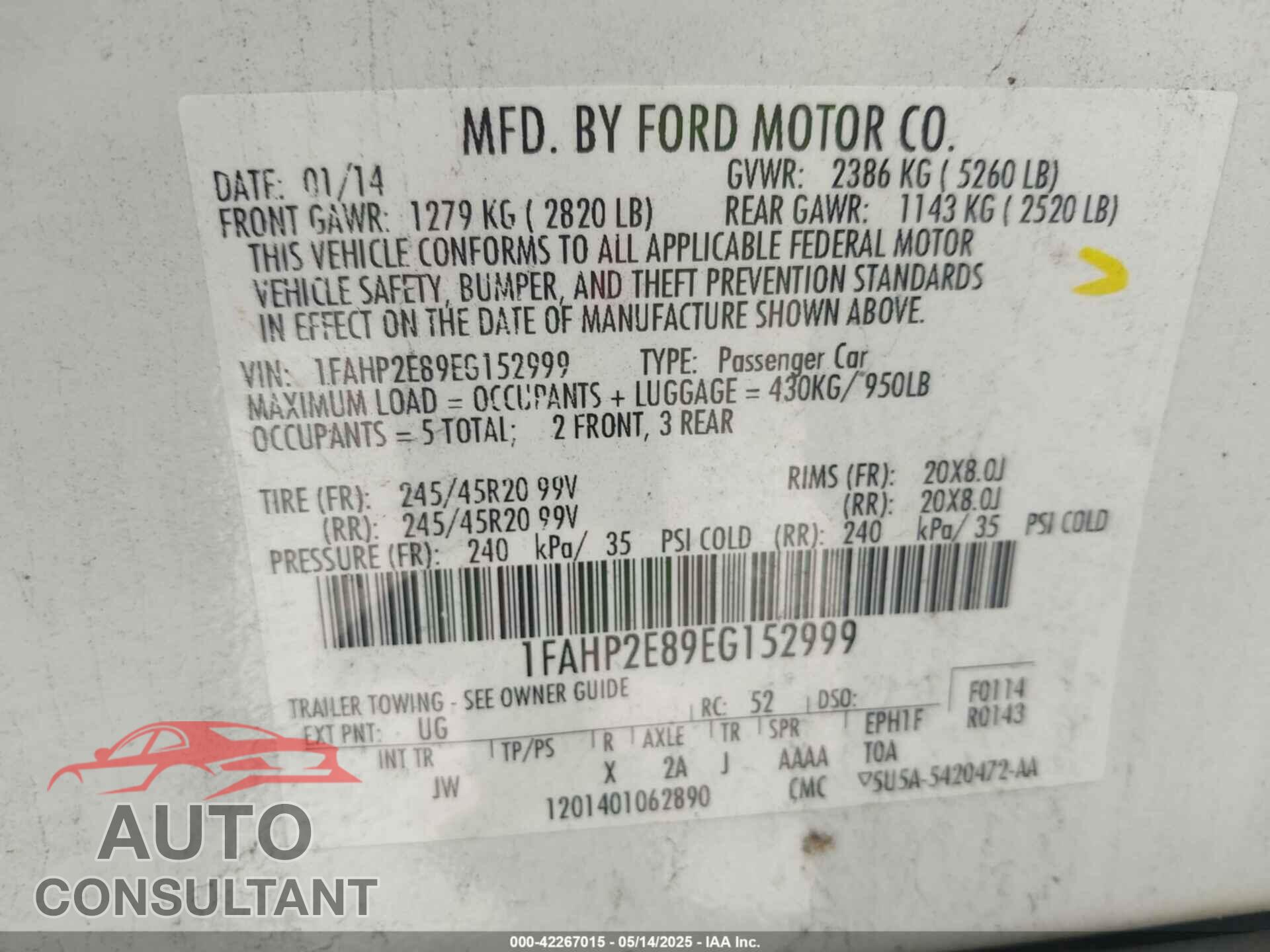 FORD TAURUS 2014 - 1FAHP2E89EG152999