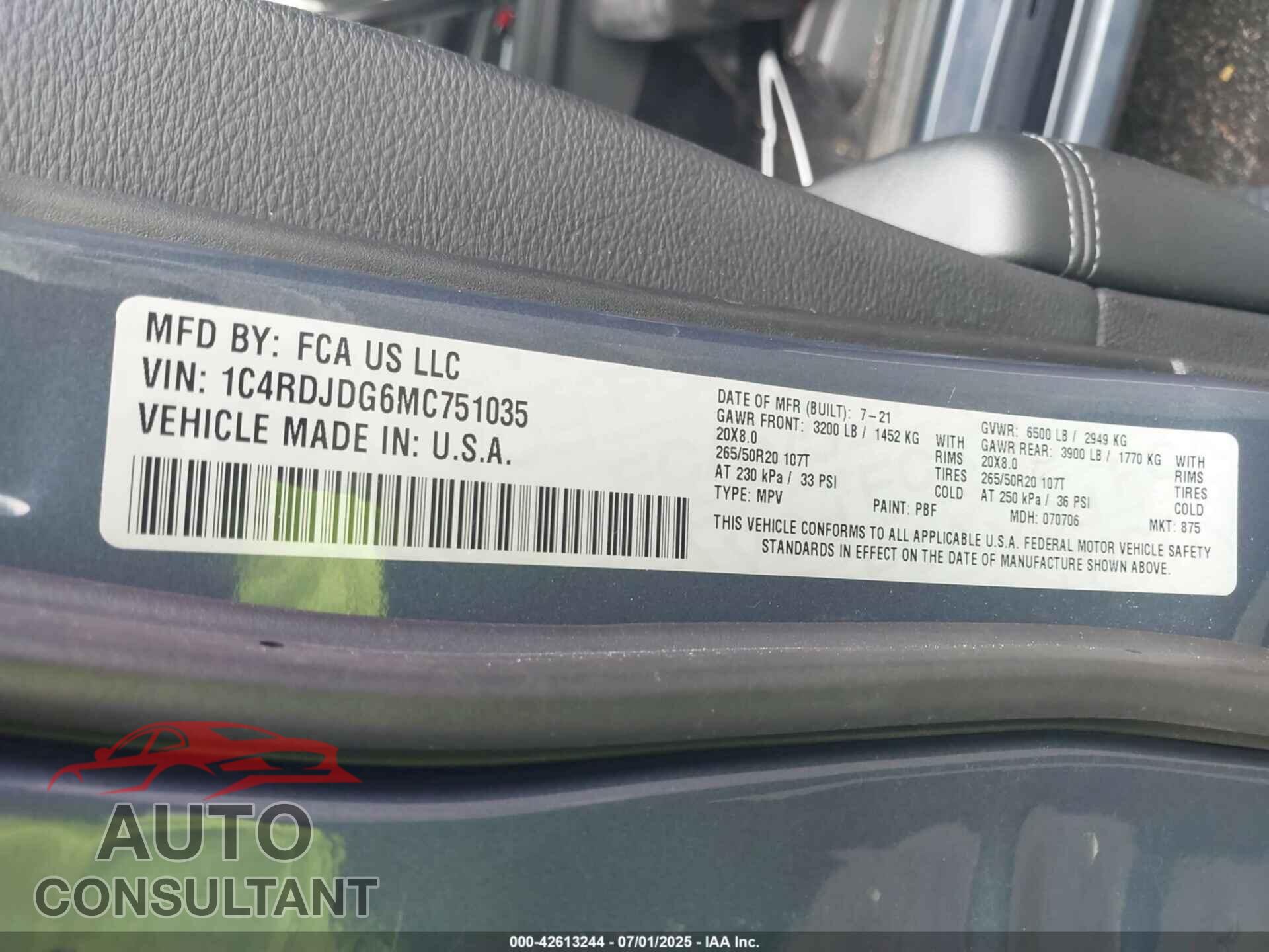 DODGE DURANGO 2021 - 1C4RDJDG6MC751035