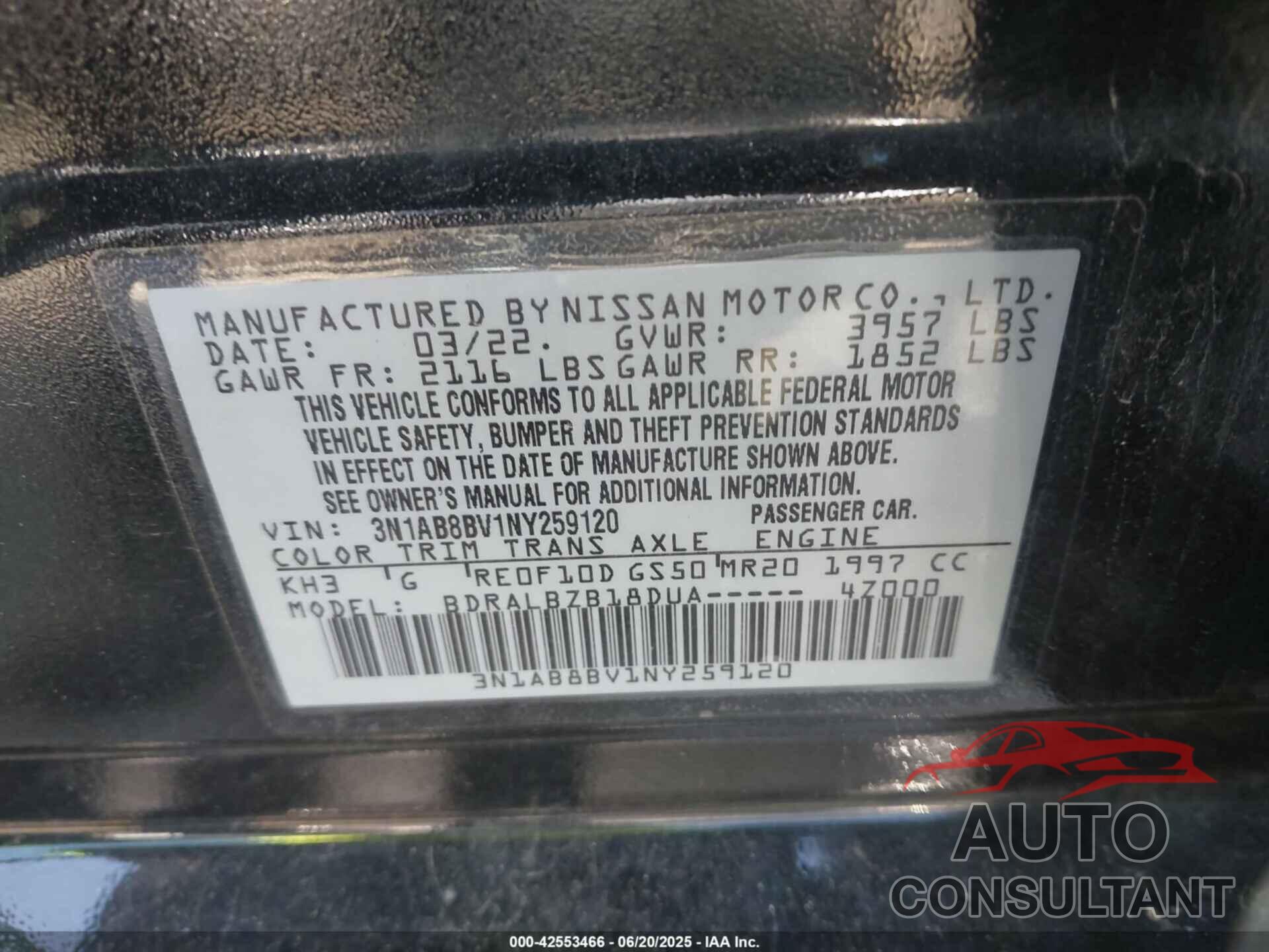 NISSAN SENTRA 2022 - 3N1AB8BV1NY259120