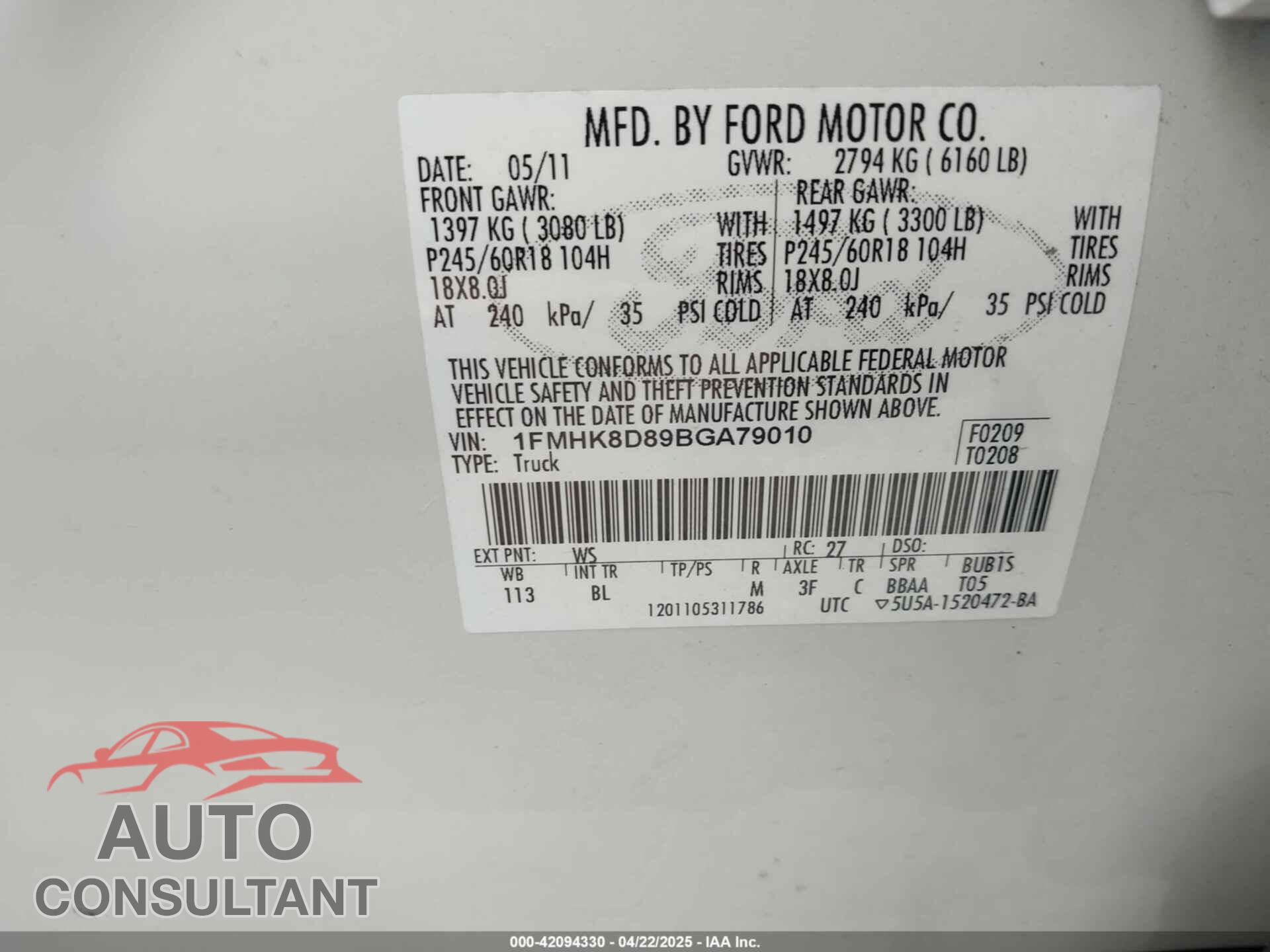 FORD EXPLORER 2011 - 1FMHK8D89BGA79010