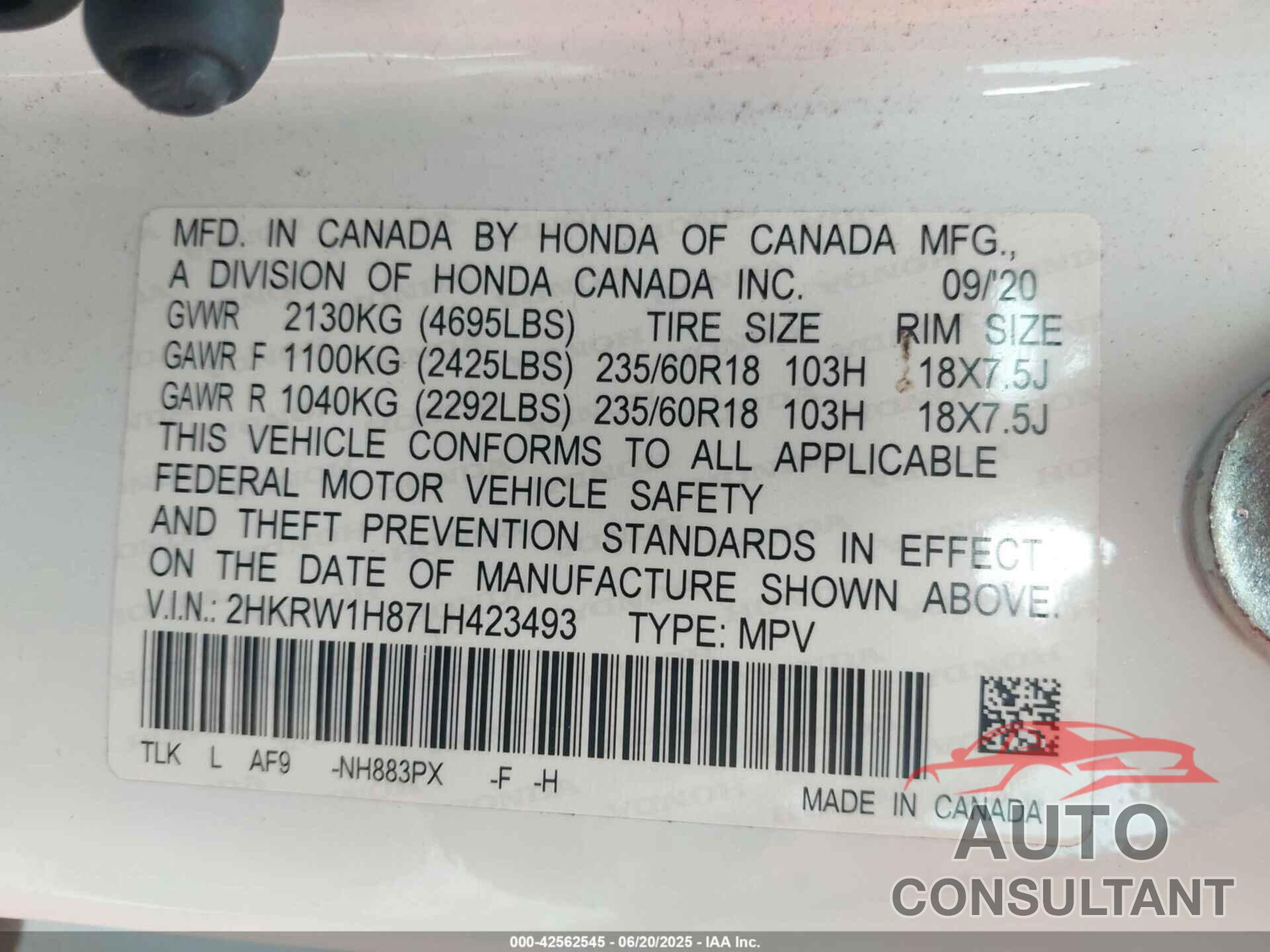 HONDA CR-V 2020 - 2HKRW1H87LH423493