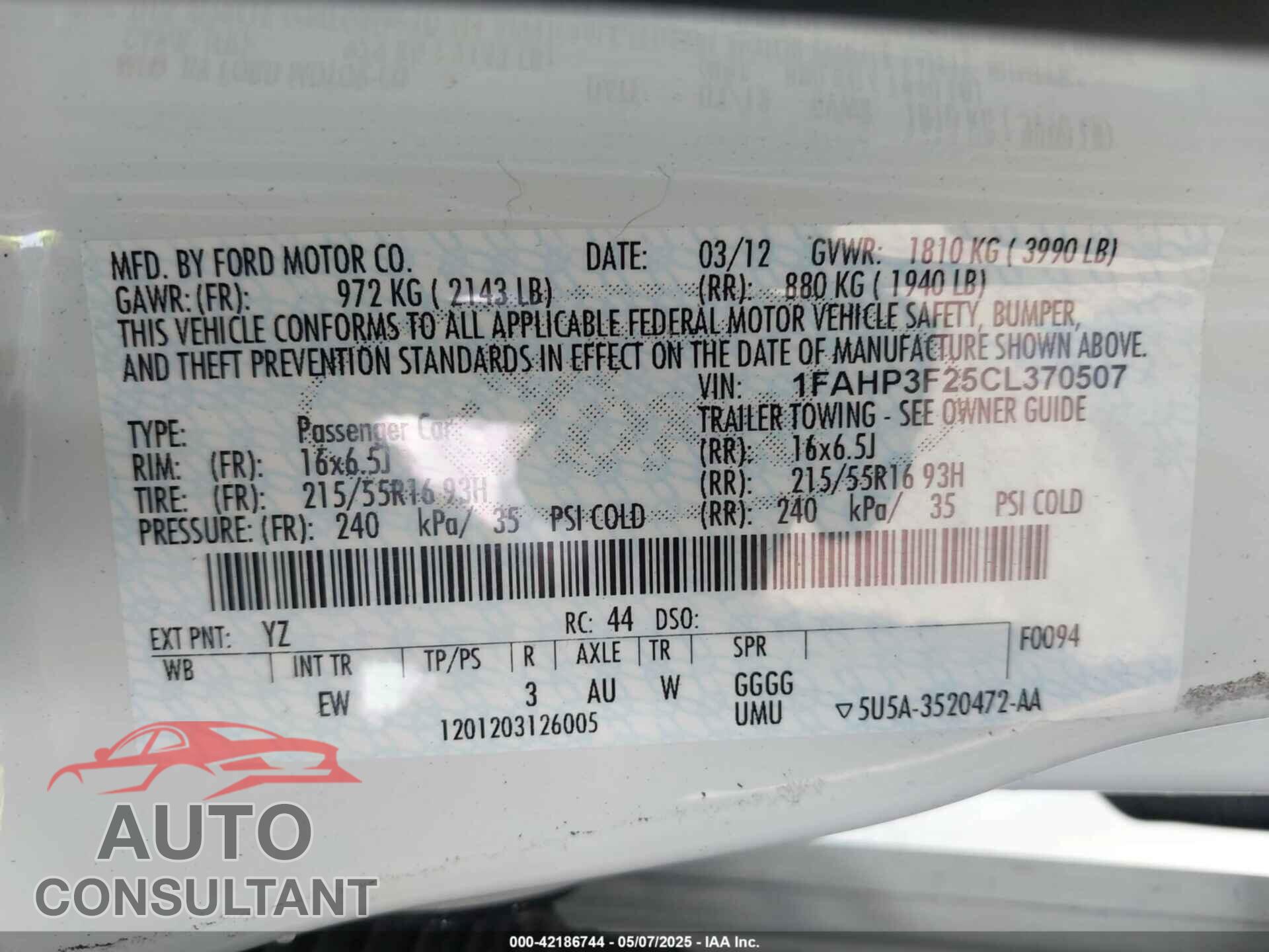 FORD FOCUS 2012 - 1FAHP3F25CL370507