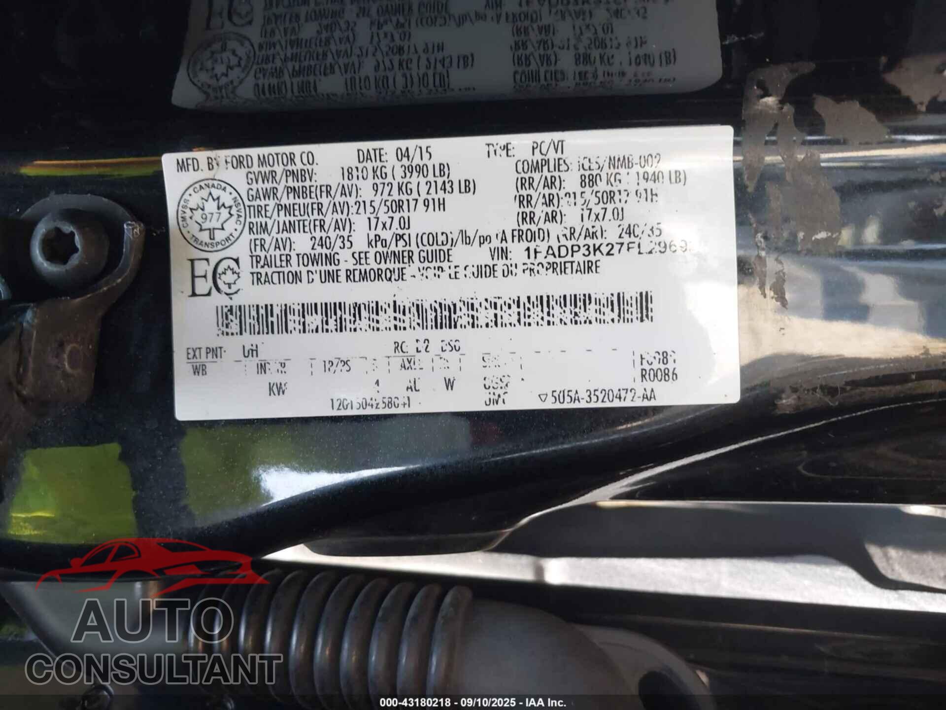 FORD FOCUS 2015 - 1FADP3K27FL296936