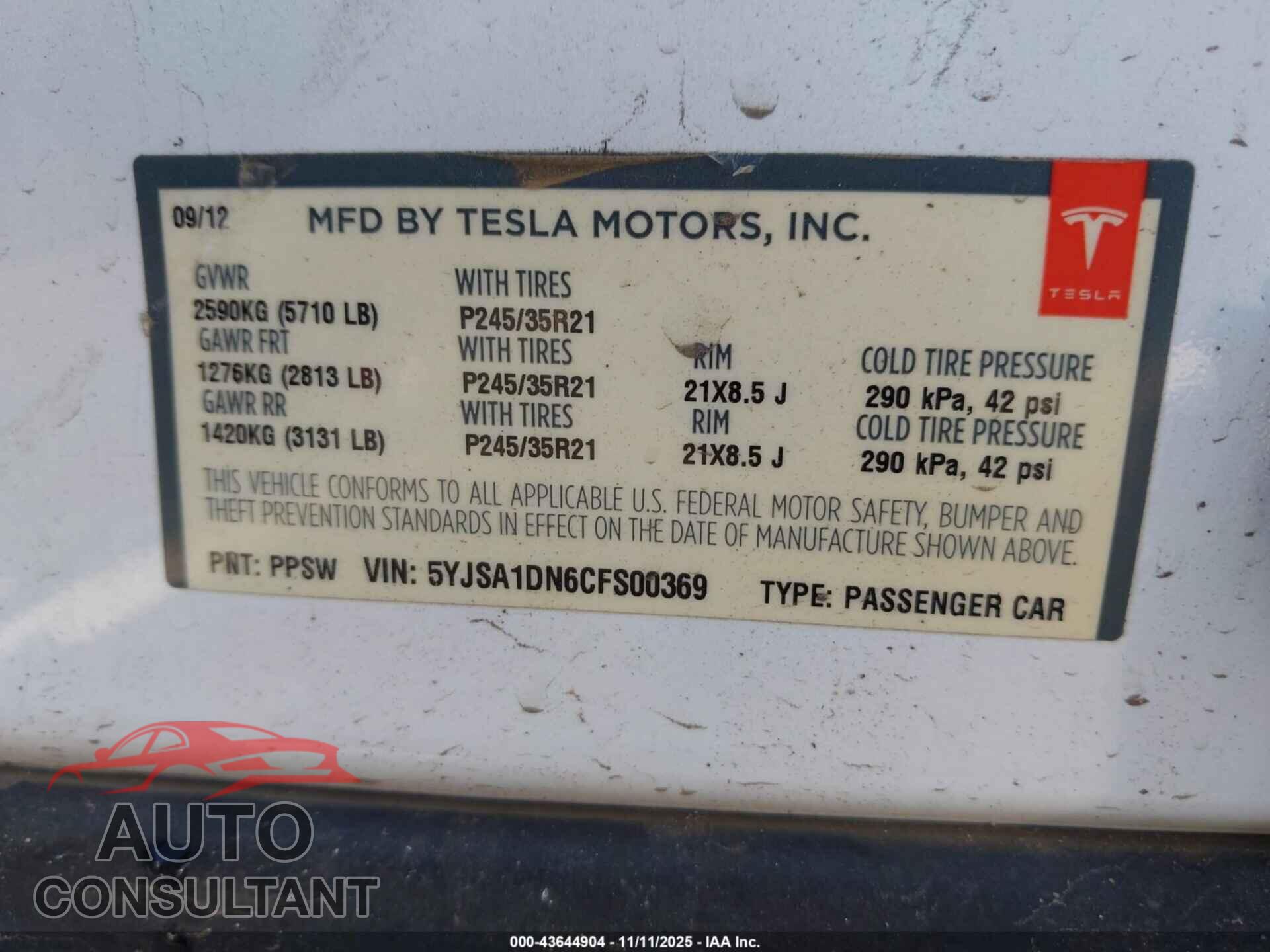 TESLA MODEL S 2012 - 5YJSA1DN6CFS00369