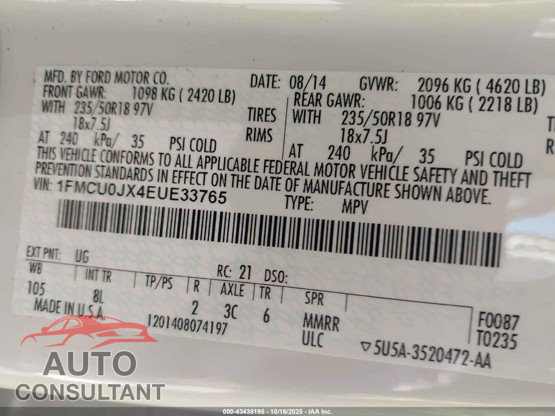 FORD ESCAPE 2014 - 1FMCU0JX4EUE33765