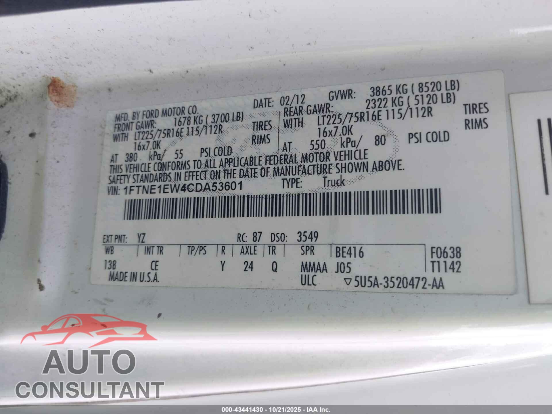 FORD E-150 2012 - 1FTNE1EW4CDA53601