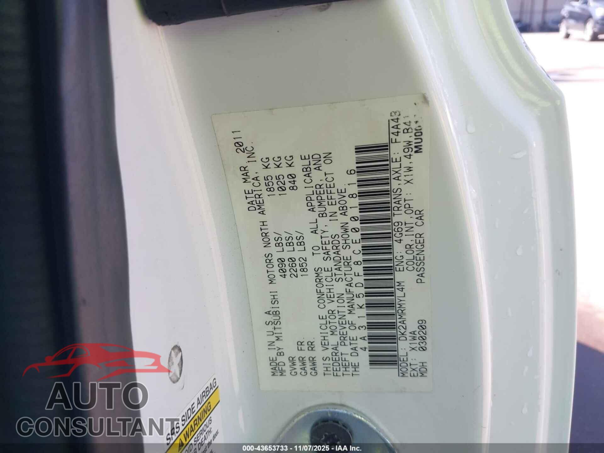 MITSUBISHI ECLIPSE 2012 - 4A31K5DF8CE001816