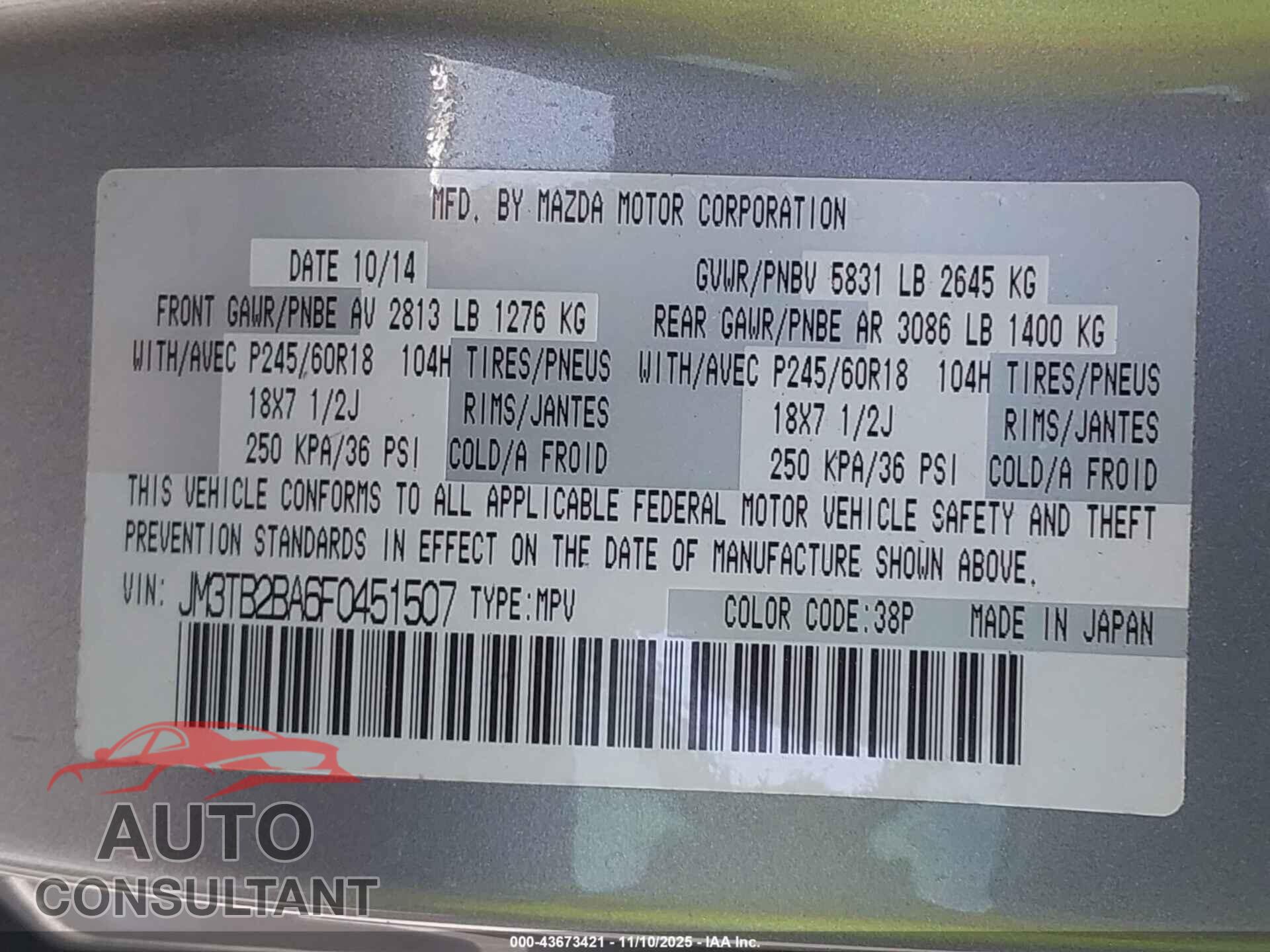 MAZDA CX-9 2015 - JM3TB2BA6F0451507