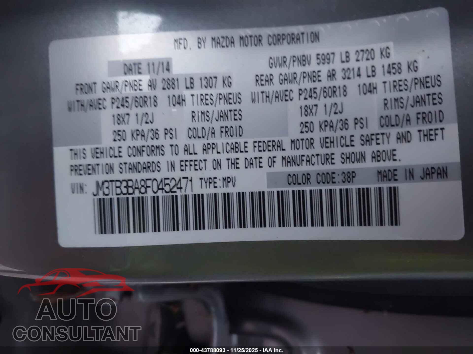 MAZDA CX-9 2015 - JM3TB3BA8F0452471